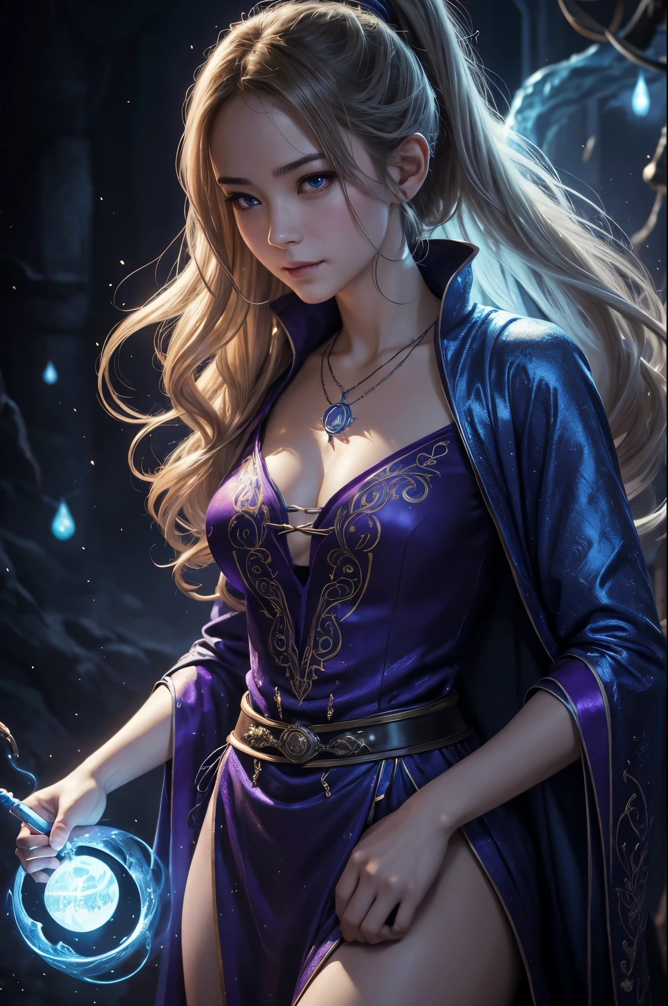 8K,Medium color portrait illustration of an attractive female wizard with ponytail、In the style of Adrian Genie、smile for a long time, Loose, Sexy wizard's robe with intricate flowing blue embroidery、Super beautiful(like the real thing),Blonde curly hair,masterpiece、highest quality、very detailed(dungeon background)、magician_grams、necklace、Pouch、internal、(big glowing rune circle)、fire and ice、cast a spell、very detailed顔、超A high resolution、In the style of Adrian Genie、 by Esao Andrews、jenny saville、end ward hopper、surrealism、Dark Art by James Jean、takato yamamoto、inkpunk minimalism、highest qualityの詳細、realistic、High resolution、high quality texture、spectacular lighting、Movie stills、soft writing,emits purple energy,Close-up,dynamic pose,