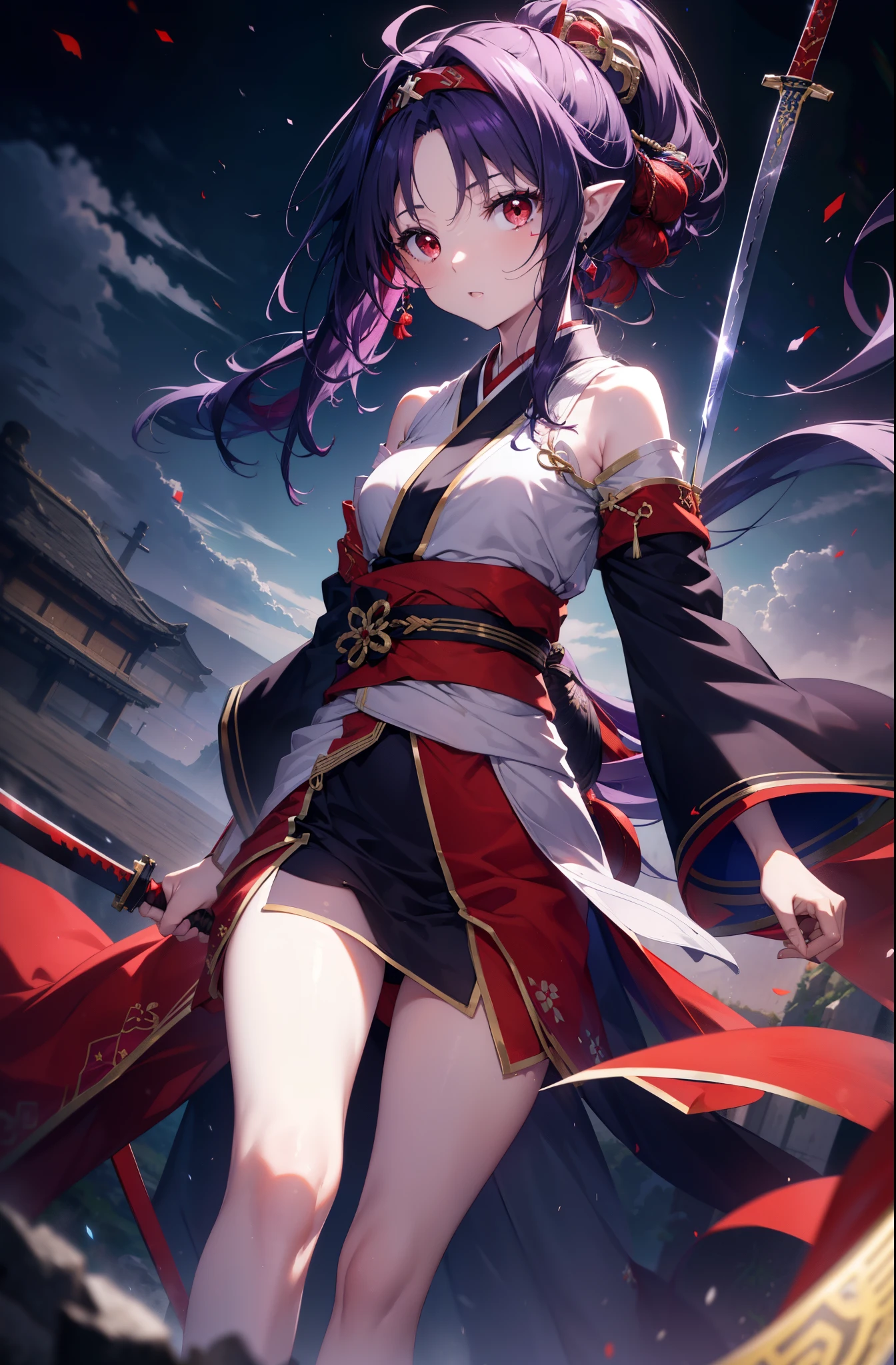 yuukikonno, Yuki Konno, hair band, long hair, pointed ears,ponytail, purple hair, (red eyes:1.5), (small breasts:1.2), open your mouth,red kimono,Purple too,white foot bag,grass sandals,Japan sword 1:1 Hold the grip in your hand,
break looking at viewer, Upper body, whole body,
break outdoors, medieval europe cityscape,
break (masterpiece:1.2), highest quality, High resolution, unity 8k wallpaper, (shape:0.8), (thin and beautiful eyes:1.6), highly detailed face, perfect lighting, Very detailed CG, (perfect hands, perfect anatomy),