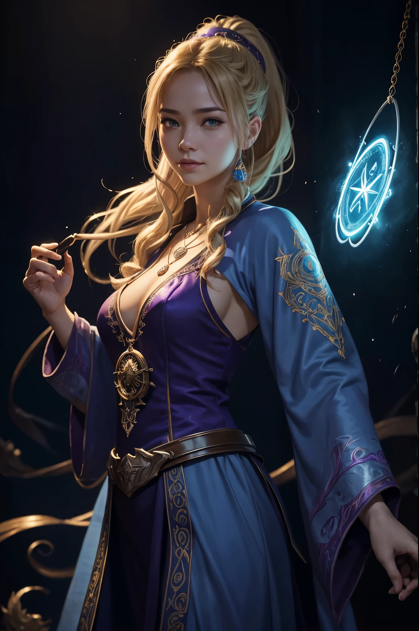 8K,Medium color portrait illustration of an attractive female wizard with ponytail、In the style of Adrian Genie、smile for a long time, Loose, Sexy wizard's robe with intricate flowing blue embroidery、Super beautiful(like the real thing),Blonde curly hair,masterpiece、highest quality、very detailed(dungeon background)、magician_grams、necklace、Pouch、internal、(big glowing rune circle)、fire and ice、cast a spell、very detailed顔、超A high resolution、In the style of Adrian Genie、 by Esao Andrews、jenny saville、end ward hopper、surrealism、Dark Art by James Jean、takato yamamoto、inkpunk minimalism、highest qualityの詳細、realistic、High resolution、high quality texture、spectacular lighting、Movie stills、soft writing,emits purple energy,Close-up,dynamic pose,