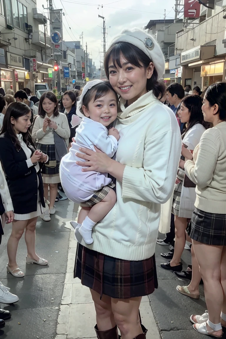 Highest image quality、highest quality、highest resolution、masterpiece、RAW photo、smile、looking at the camera、Low angle shooting、(full body shot:1.2)、((shirt lift:1.5))、((standing and holding a baby in front of you:1.5))、pink bra and panties、((Beautiful 42 year old))、light brown long curly hair、((white half coat、brown knit sweater、plaid mini skirt:1.5))、stockings、black long boots、Shoulder bag、smartphone、small red beret、((Crowded intersection in front of the supermarket on Ekimae Boulevard))