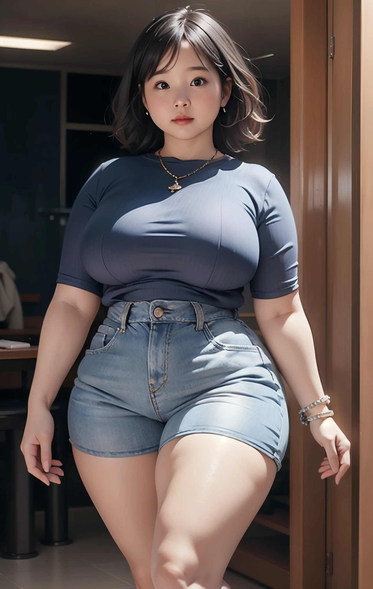 ((best quality)), ((masterpiece)), (detailed), perfect face, araffe woman in a dark-blue shirt and blue denim skirt walking down a dark room, thicc, she has a jiggly fat round belly, bbwchan, wearing tight simple clothes, skinny waist and thick hips, widest hips, her belly is fat and round, soft curvy shape, hyperrealistic full figure, wearing a cute top, wide hips, wearing 10 bracelet , wearing huge diamond necklace , watch, wavy short hair 