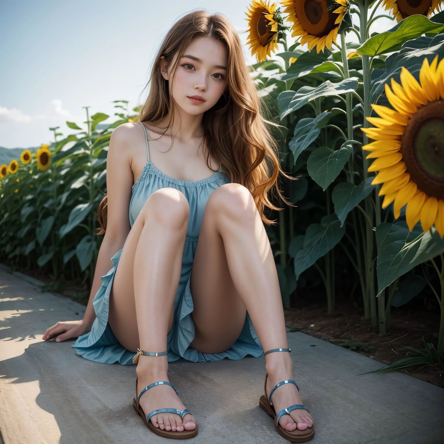 (masterpiece, best quality:1.2), 1girl,alone, solo,legs,dress,pretty,masterspiece,Cute and beautiful girl,long brown hair with soft curls of apricot color,string sky blue camisole dress,the girl is wearing brown flat sandals without heels,The background is a colony of sunflowers,Sunlight sparkling,focus on sandals,golden dark blonde hair,perfect toes,soft realistic feet,blue toes