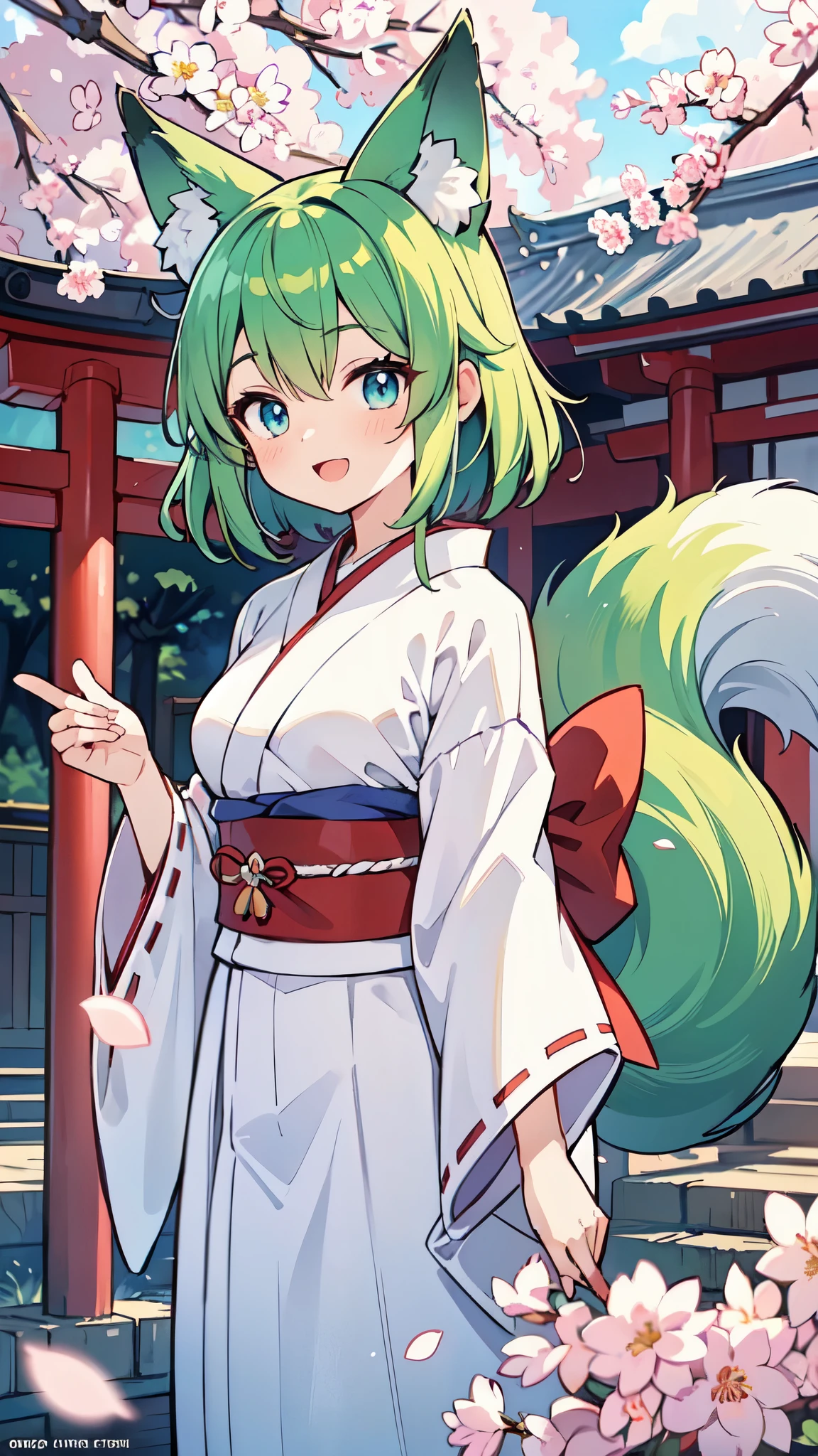 ((A Pretty shrine maiden with green hair and blue eyes)), ((wearing white traditional kimono and red hakama)), ((fox ears)), Baby face, ((master piece, top-quality, ultra-definition, high resolution)), anime girl, ((ultra-detailed illust:1.2)), only one person, bangs, hair between eye, beautiful hair, Shiny eyes, five fingers, Medium breasts, Big smile, opened mouth, at the Japanese shrine, cherry trees