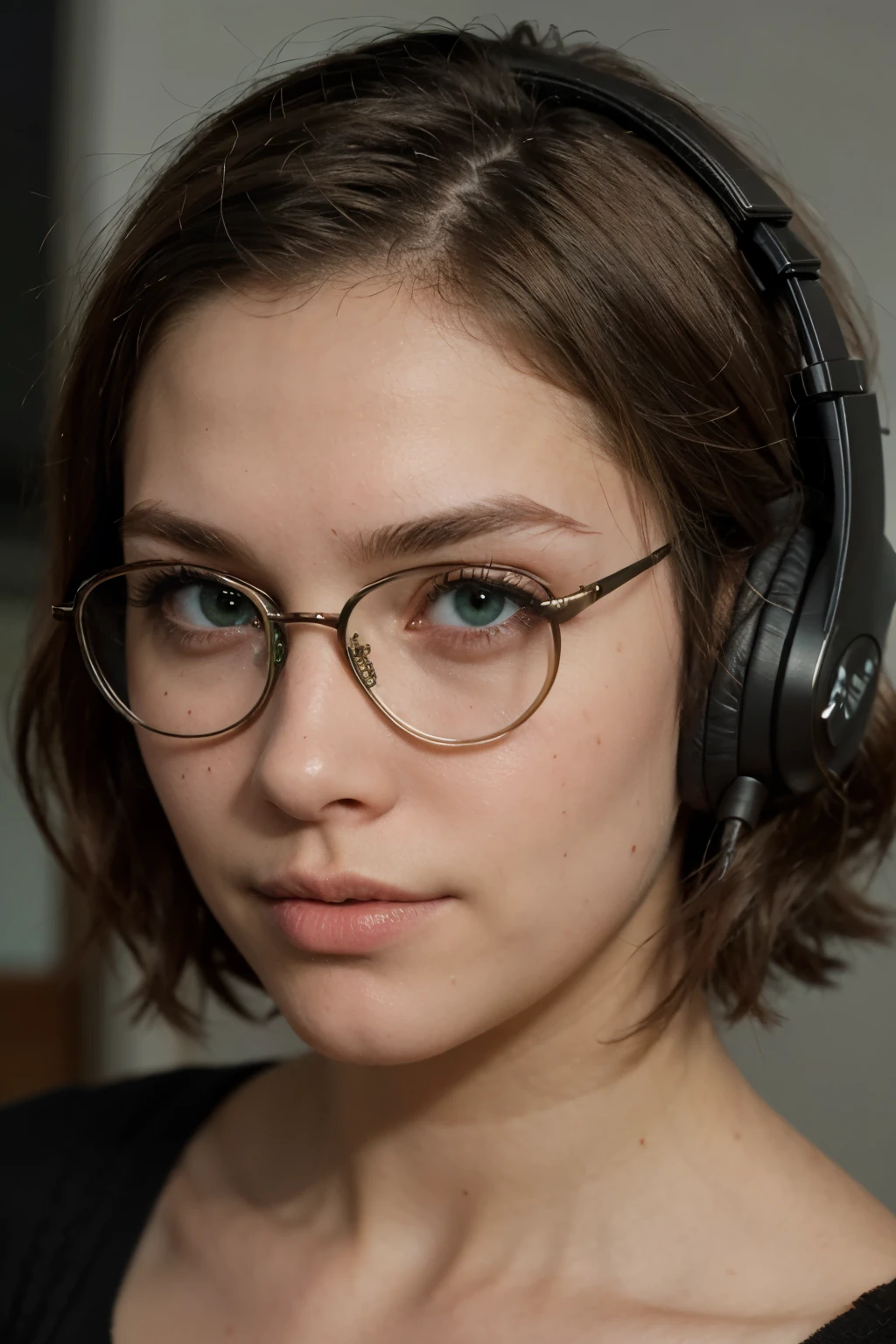 ((best quality)), ((masterpiece)), (detailed), perfect face, 4k, blonde short dyed hair, eyeglasses, shy, realistic, real, green eyes, perfectsmall nose, face freckels, gaming headset