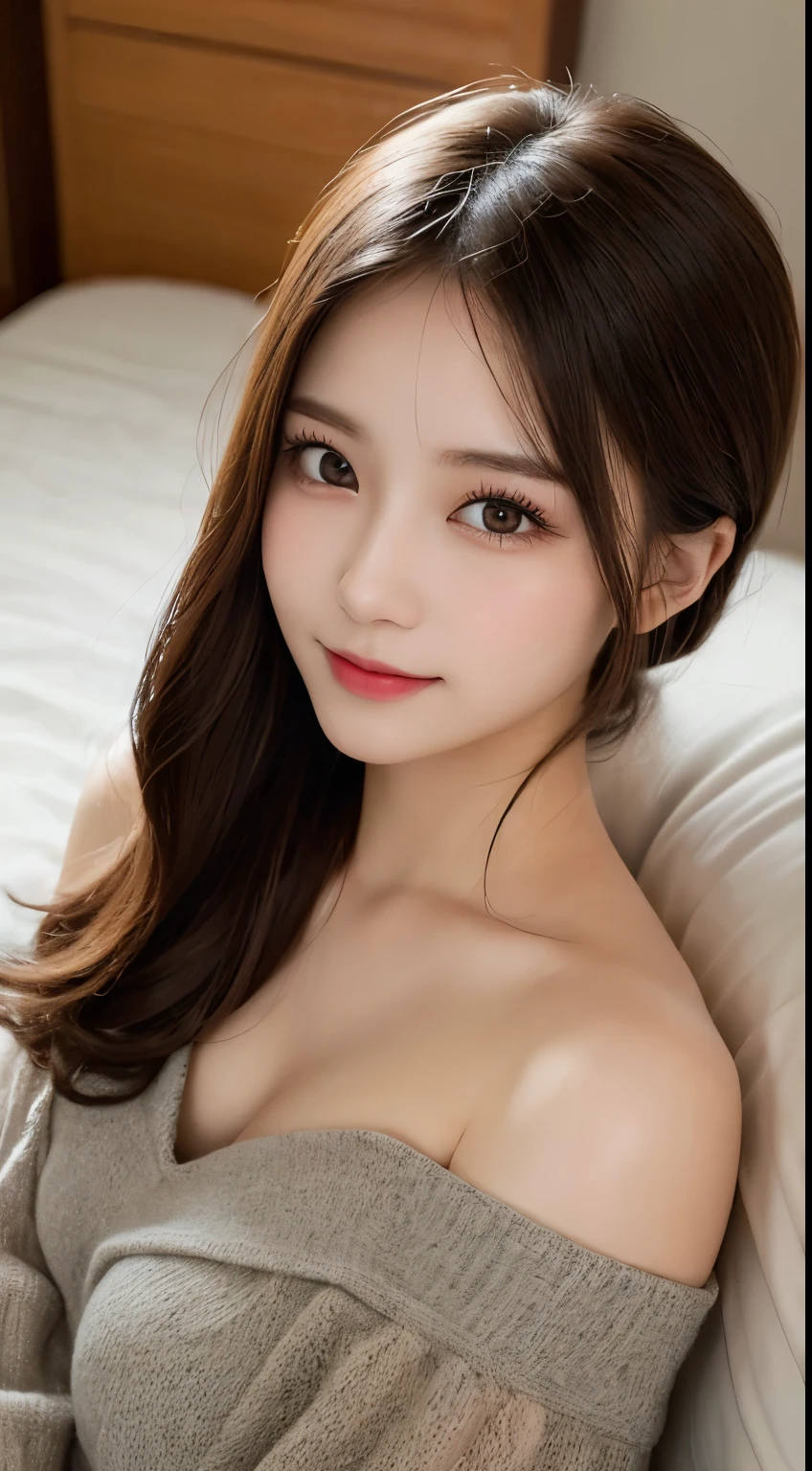 table top, highest quality, shape, Super detailed, finely, High resolution, 8k wallpaper, perfect dynamic composition shape, beautiful and detailed eyes, off shoulder dress, small breasts, natural color lip,Gentle smile,20 year old girl、Beautifully detailed face、perfect and beautiful face,Big eyes、Beautifully detailed face、perfect and beautiful double eyelids、blur the background、Feminine poses、slim face and style、straight hair、Bedroom、lie in bed、 (get closer to the face, enlarge the face, face focus:1.0), break, (masterpiece, highest quality, Super detailed, detailed face, 8k)、real photos(best image quality)、shoot from above、look up、K-POPアイドルフェイス、smile