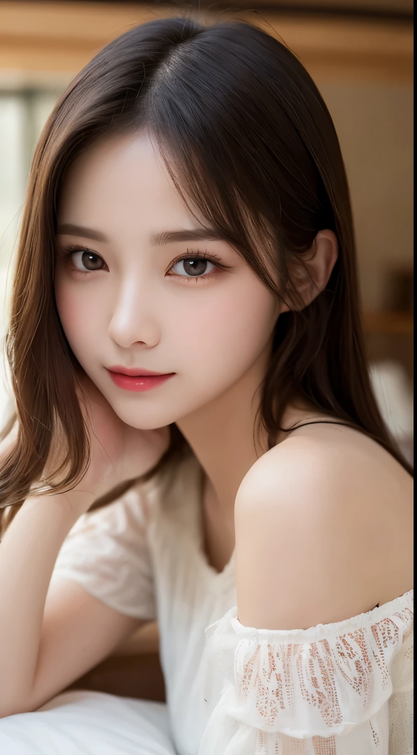 table top, highest quality, shape, Super detailed, finely, High resolution, 8k wallpaper, perfect dynamic composition shape, beautiful and detailed eyes, off shoulder dress, small breasts, natural color lip,Gentle smile,20 year old girl、Beautifully detailed face、perfect and beautiful face,Big eyes、Beautifully detailed face、perfect and beautiful double eyelids、blur the background、Feminine poses、slim face and style、straight hair、Bedroom、lie in bed、 (get closer to the face, enlarge the face, face focus:1.0), break, (masterpiece, highest quality, Super detailed, detailed face, 8k)、real photos(best image quality)、shoot from above、look up、K-POPアイドルフェイス、smile