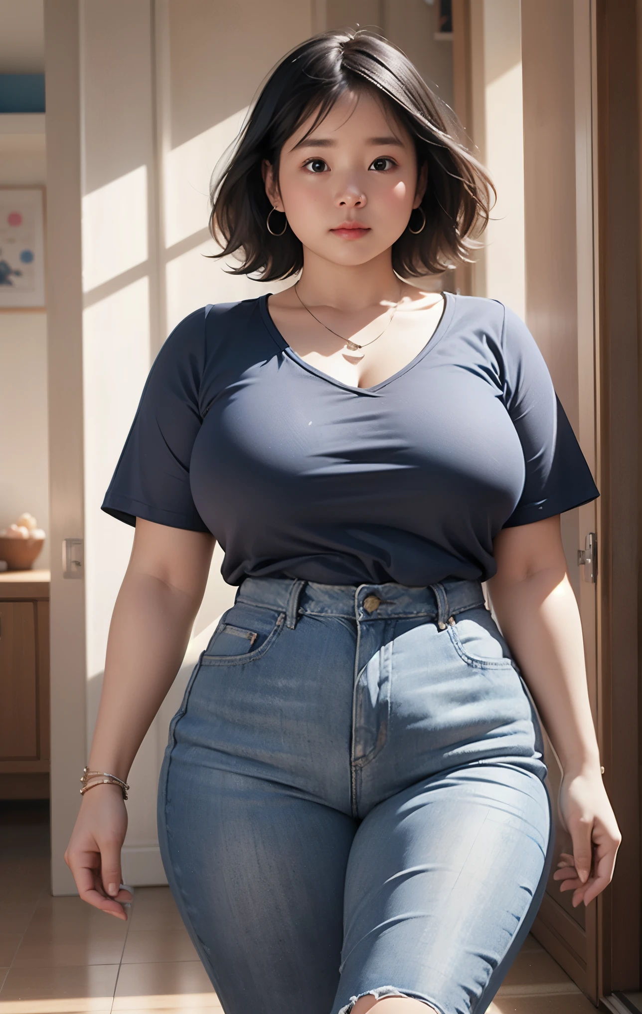 ((best quality)), ((masterpiece)), (detailed), perfect face, araffe woman in a dark-blue shirt and blue denim skirt walking down a dark room, thicc, she has a jiggly fat round belly, bbwchan, wearing tight simple clothes, skinny waist and thick hips, widest hips, her belly is fat and round, soft curvy shape, hyperrealistic full figure, wearing a cute top, wide hips, wearing 10 bracelet , wearing huge diamond necklace , watch, wavy short hair 