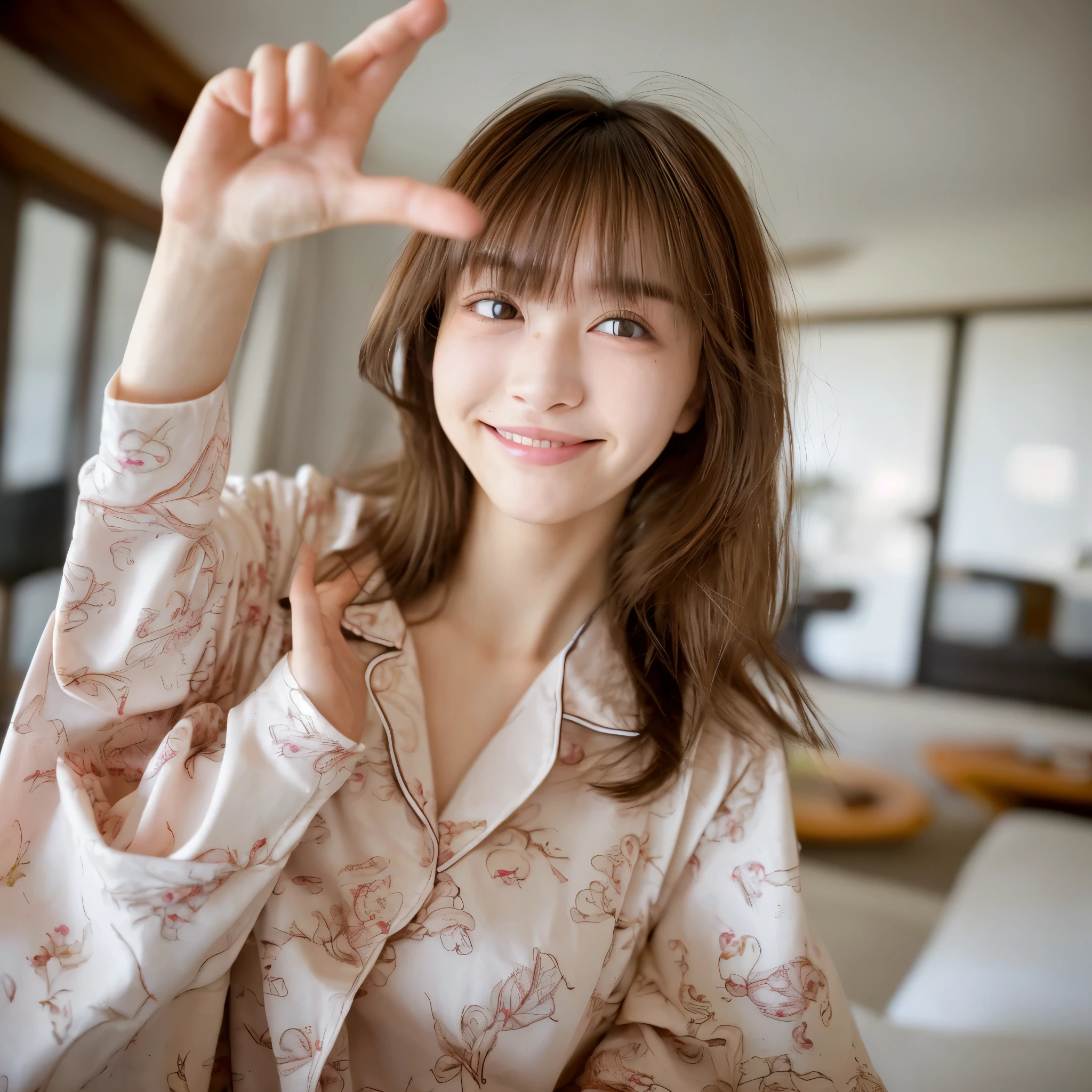 ((最high quality、8k、masterpiece:1.3)),boyfriend's houseの中, best image quality, high quality, I will ask my boyfriend to take a picture of me.,japanese girl,20-year-old,beautiful,cute, small face,Mole on the lower left side of the lip,A photo taken far away from the subject,smile,eyebrows are closely spaced,close your eyes,pajamas,smile,boyfriend's house,Gravure idol,get used to it, skin, beautiful肌, 超High resolution, (reality: 1.4),とてもbeautiful, a little young face, beautiful肌, thin, (超reality的な), (High resolution), (8k), (非常にget used to it) (beautiful and fine eyes), (wallpaper), looking at the viewer, small details, smile, pajamas, look straight ahead, look straight ahead, Angle from the waist up, reality的な写真, bright lighting, professional lighting, mature woman, (brown hair, medium long hair, layer cut, swaying in the wind, bangs),Bye-bye with both hands,blur the background,Big eyes,Clearly define the shape of the hand and fingers,
