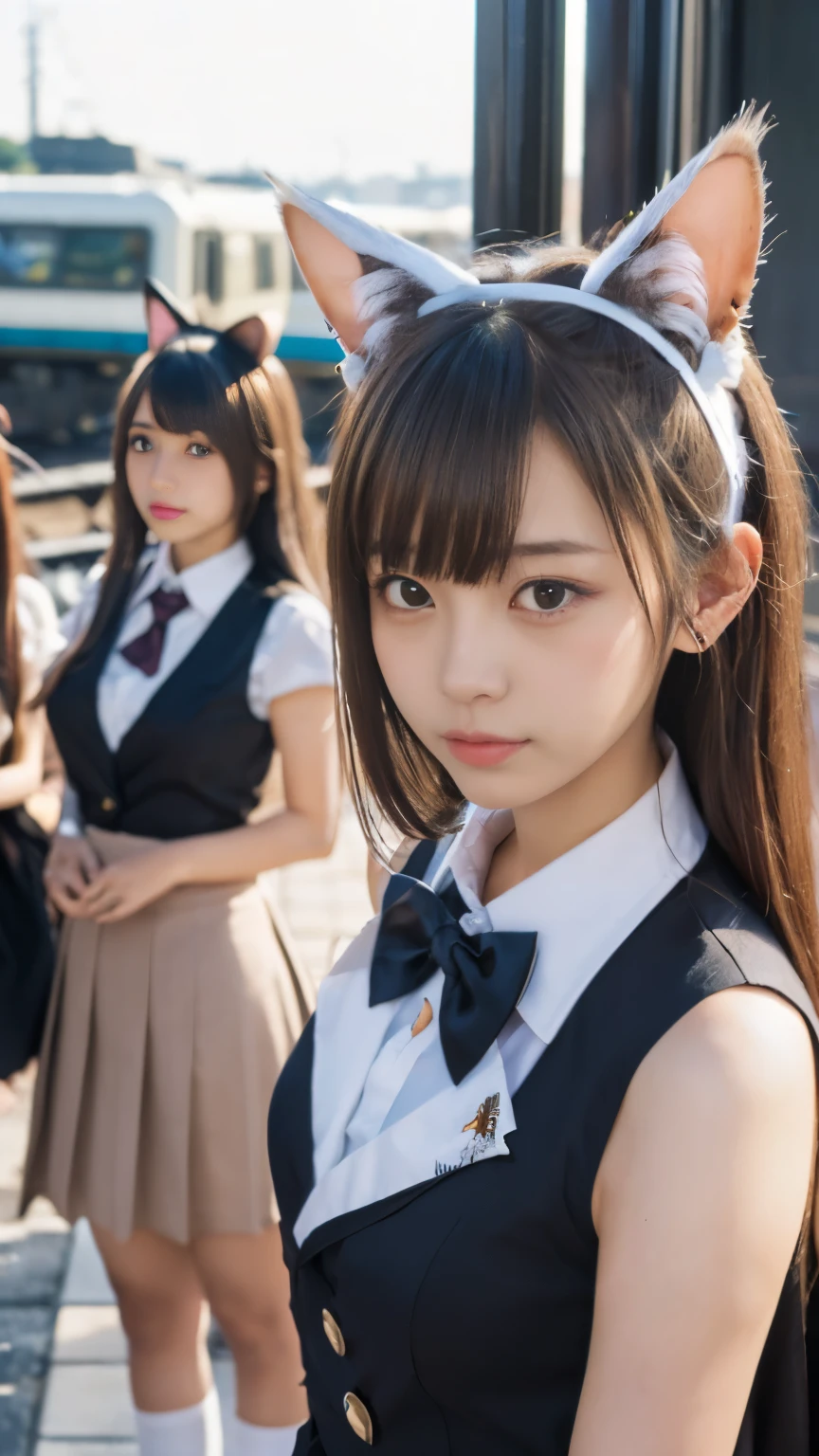 masterpiece, 4k, (multiple girls, harem, group picture:1.4), Beautiful high school girl, (Japanese idle:1.6), harem, (cat ears:1.4), school uniform, sundown, train station, close up,