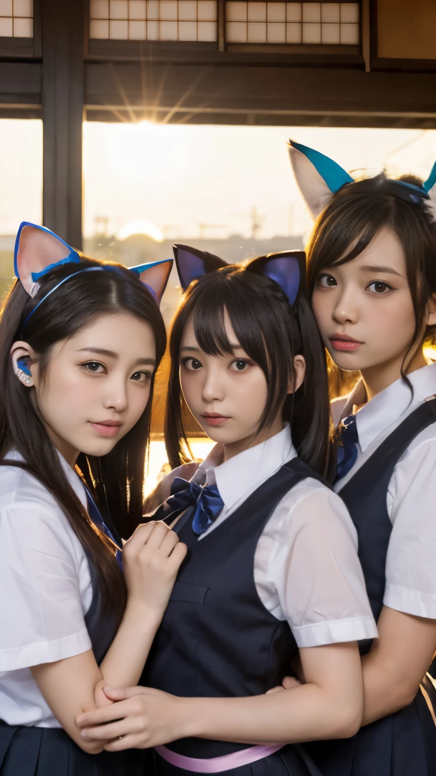 masterpiece, 4k, (multiple girls, harem, group picture:1.4), Beautiful high school girl, (Japanese idle:1.6), harem, (cat ears:1.4), school uniform, sundown, train station, close up, 