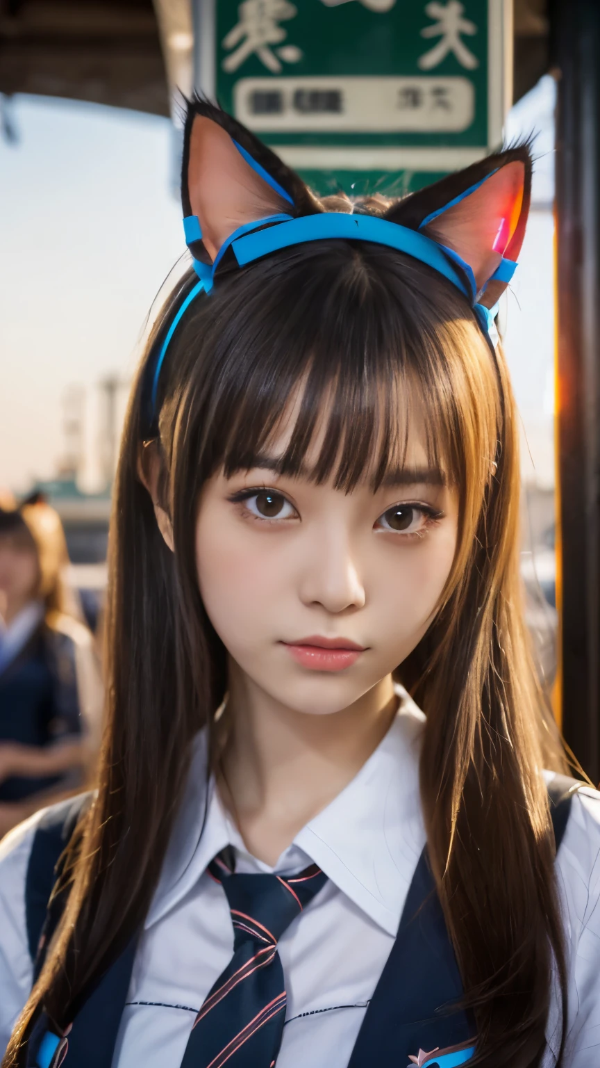 masterpiece, 4k, (multiple girls, harem, group picture:1.4), Beautiful high school girl, (Japanese idle:1.6), harem, (cat ears:1.4), school uniform, sundown, train station, close up,