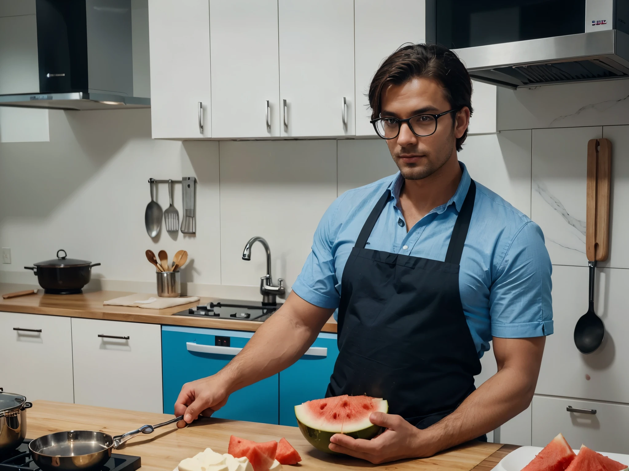 UHDA BILBLIA IN THE ÇLABORATORIO, cinematic image of a handsome guy, wearing blue shirt, black apron, wearing spectacle, with cooking set and table in front of him, ready for cooking show with white kitchen background. he holding a colorful pudding made inside a watermelon and show it to us. photorealistic, highly detailed sharp image.