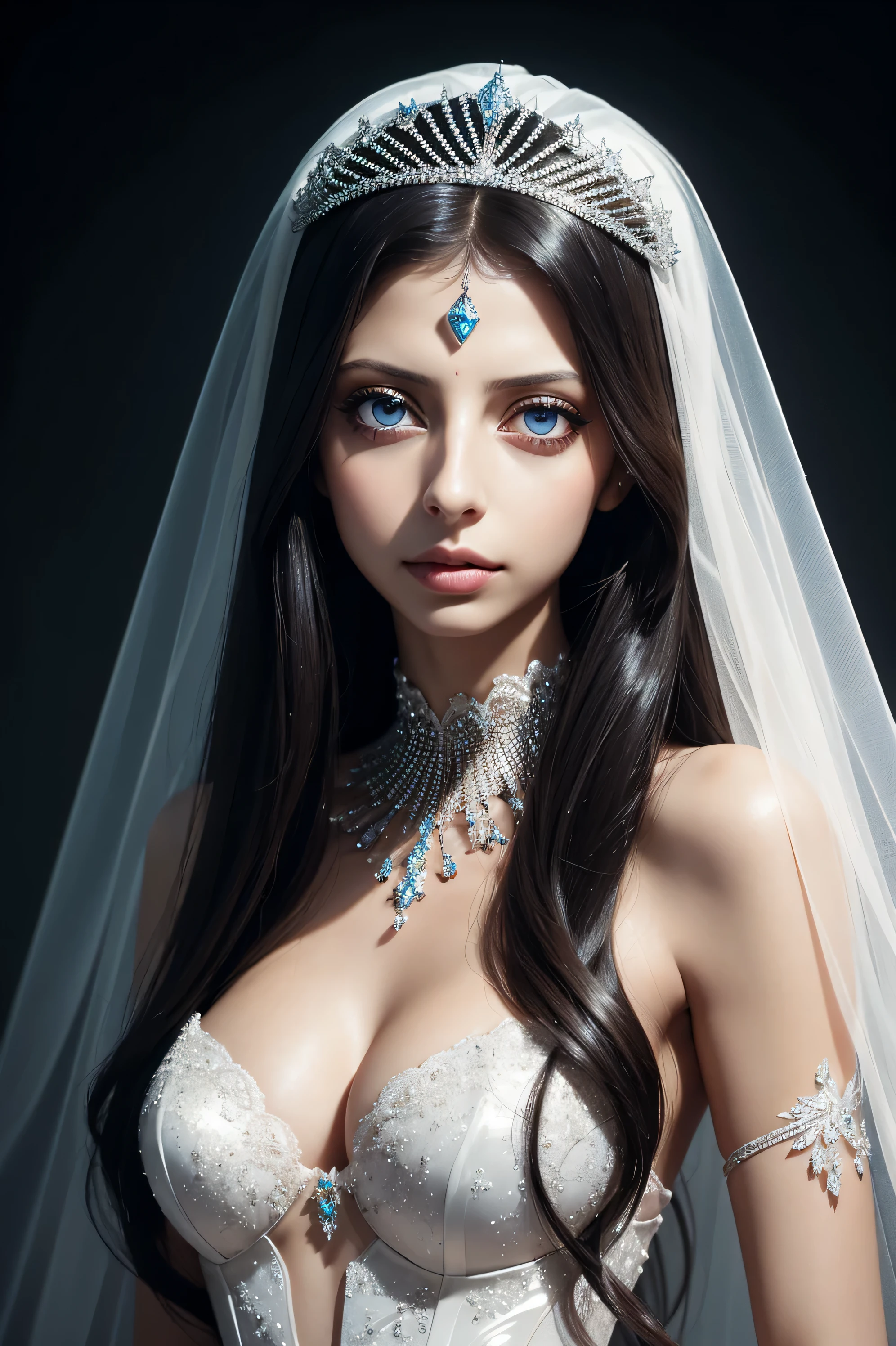 Angela Sarafyan, wearing veil tiara bride latex costume. professionally retouched, soft lighting, realistic, smooth face, perfect eyes, sharp focus on eyes, 8 k, high definition, insanely detailed, intricate, elegant. in a natural background.