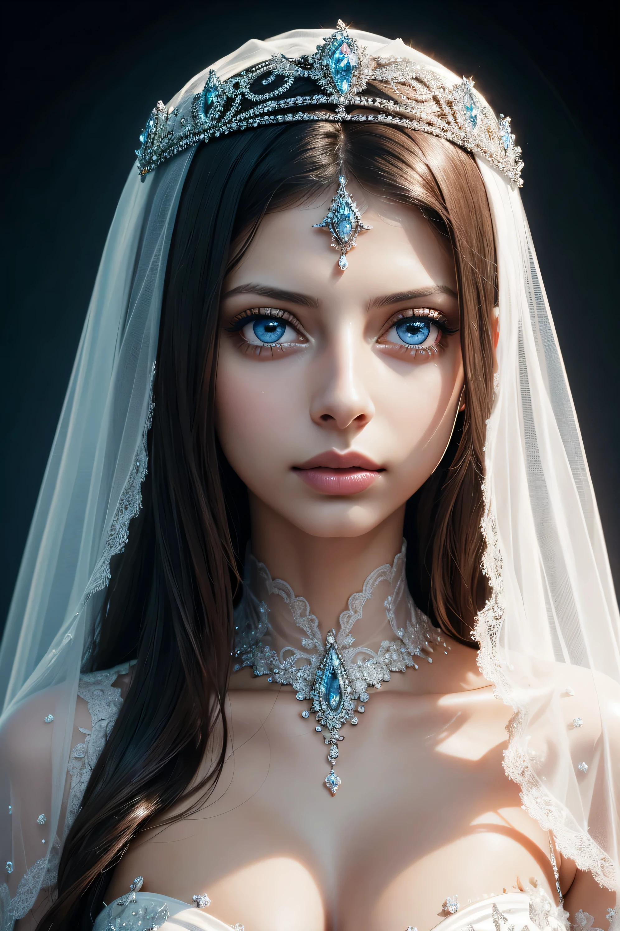 Angela Sarafyan, wearing veil tiara bride latex costume. professionally retouched, soft lighting, realistic, smooth face, perfect eyes, sharp focus on eyes, 8 k, high definition, insanely detailed, intricate, elegant. in a natural background.