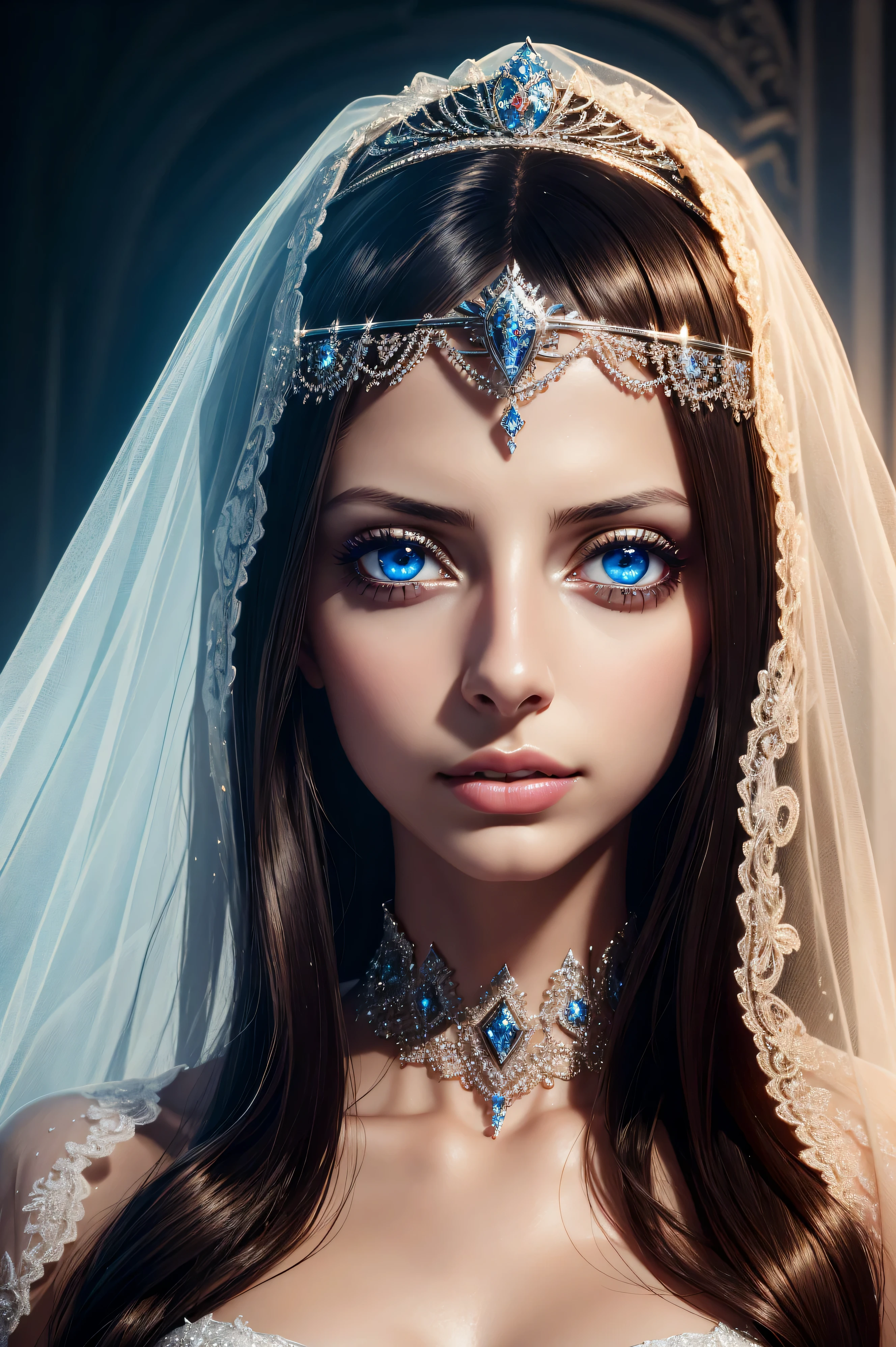 Angela Sarafyan, wearing veil tiara bride latex costume. professionally retouched, soft lighting, realistic, smooth face, perfect eyes, sharp focus on eyes, 8 k, high definition, insanely detailed, intricate, elegant. in a natural background.