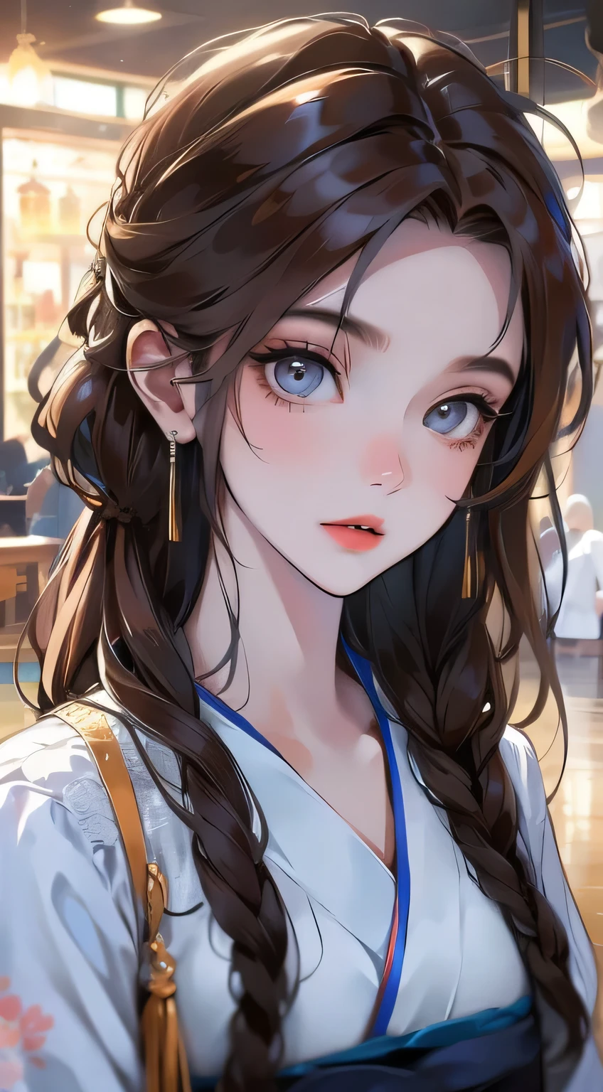 Best quality at best，tmasterpiece，illustratio，an extremely  delicate and beautiful，The is very detailed，CG，unity，8k wallpaper，astounding，finely detailled，tmasterpiece，Best quality at best，offcial art，Very detailed CG unity 8k wallpaper，absurderes，Incredibly Ridiculous res，hugefilesize，ultra - detailed，A high resolution，The is very detailed，Beautiful detailed girl，very detailed eyes and faceeatiful detailed eyes，light in face，（Hanfu：1.1），1girll，full bodyesbian，full bodyesbian，shot of，，tmasterpiece，1girll，solo，brunette color hair，white dresses，，white thighhig，lake，dampness