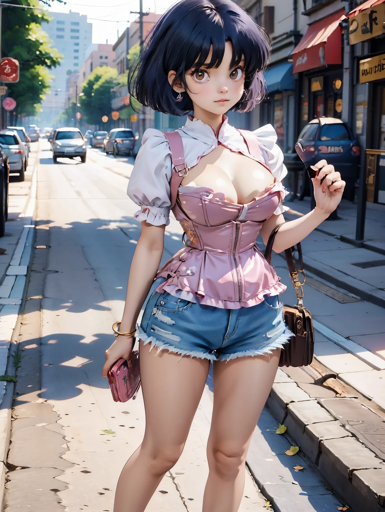 Anime girl with dark bluish hair in denim shorts and a corset, ************, beautiful body, big breasts, with her hands on her waist, hands in her hair, Sexy girl, bluish hair, side strands of hair with a pink bow, strands of hair with a bow on the side of the face, beautiful lighting, soft shadows, brown eyes, beautiful toned legs, short hair, anime style, hand on the waist, hand in the hair, character Akane Tendo, Author Rumiko Takahashi, Based on a work by Rumiko Takahashi, Anime Ranma 1 / 2, sexy cleavage, robust hips, full body, full body, big bust, young girl with nice and beautiful body, sandals on her feet, girl 16 years young, wearing denim shorts and corset, anime girl, anime style, beautiful feet in sandals, outdoors, big breast, beautiful breasts, black hair, sandals on feet, beautiful legs, sexy, beautiful legs, Sandals, big breasts, full body, full body, feet with sandals, big bust