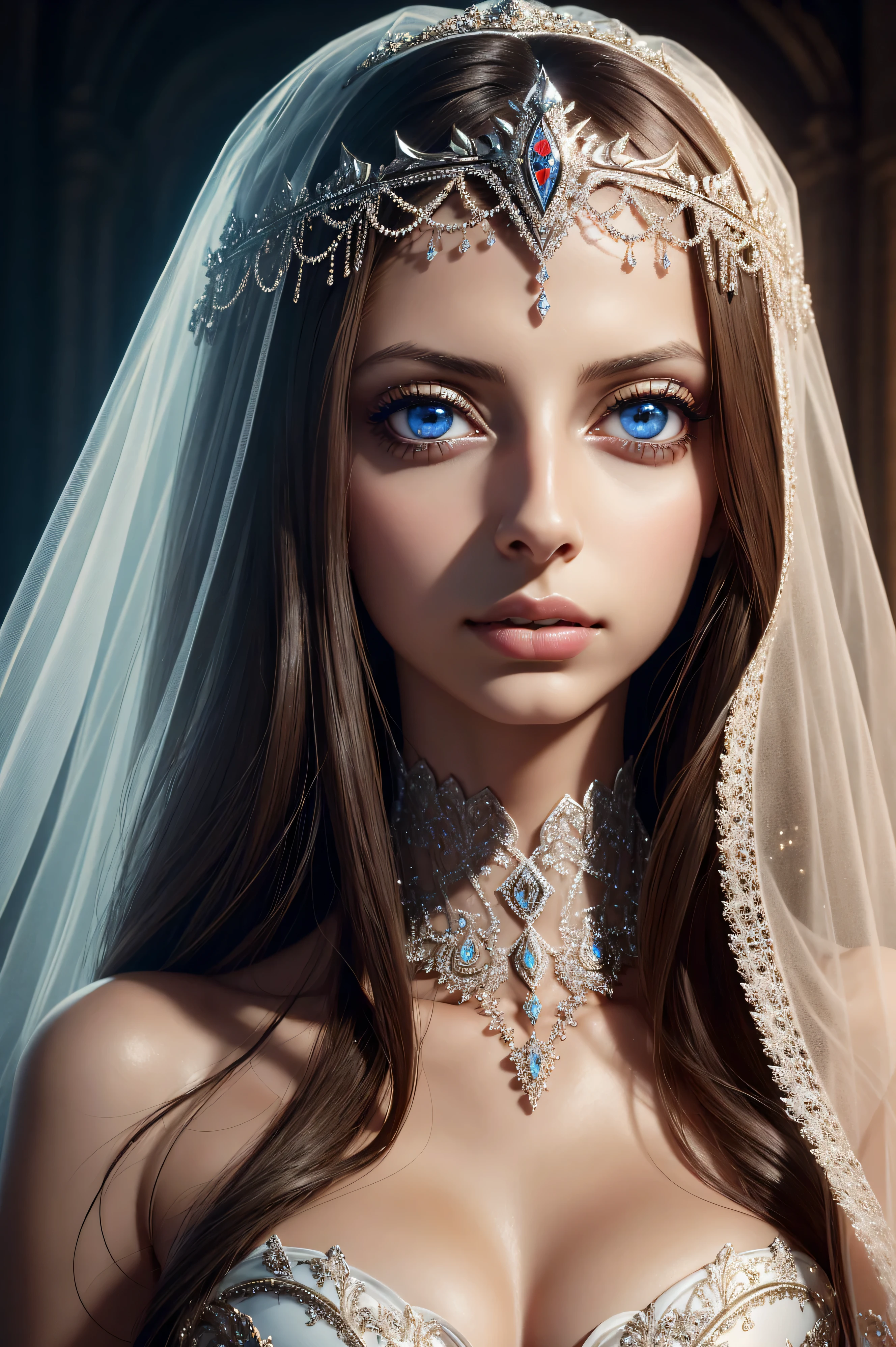 Angela Sarafyan, wearing veil tiara bride latex costume. professionally retouched, soft lighting, realistic, smooth face, perfect eyes, sharp focus on eyes, 8 k, high definition, insanely detailed, intricate, elegant. in a natural background.