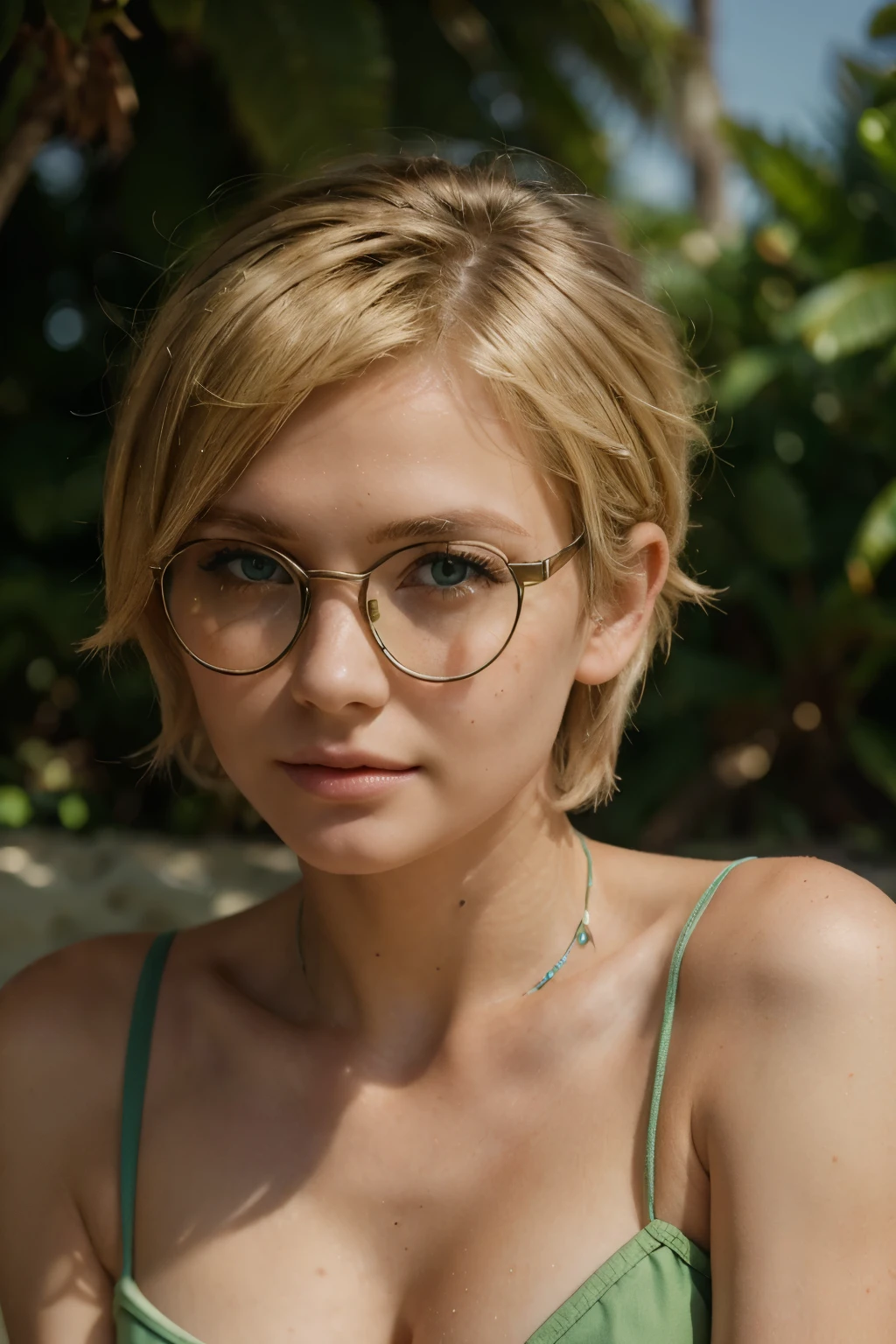 ((best quality)), ((masterpiece)), (detailed), perfect face, 4k, blonde short dyed hair, eyeglasses, shy, realistic, real, green eyes, perfectsmall nose, face freckels, on a beach, with a bikini.
