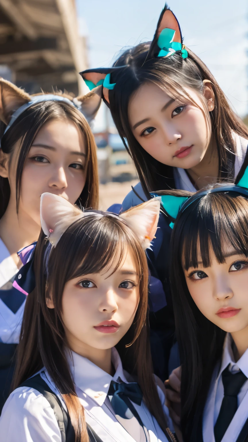 masterpiece, 4k, (multiple girls, harem, group picture:1.4), Beautiful high school girl, (Japanese idle:1.6), harem, (cat ears:1.4), school uniform, sundown, train station, close up,