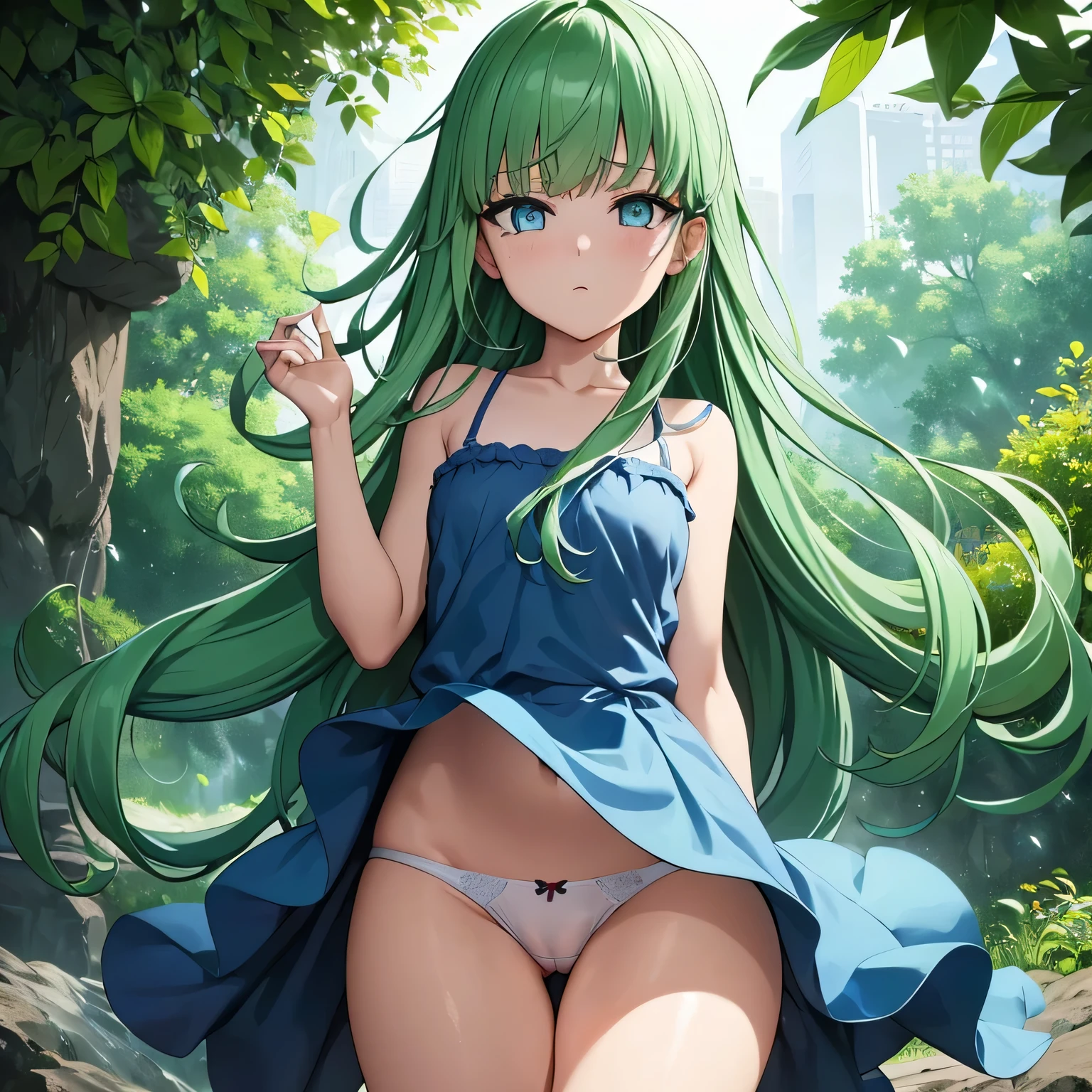 Clear brook,Surrounded by lush gardens。in the center of the garden,Elementary school girl wearing cool summer clothes standing near the flower bed。she has long green hair and emerald green eyes,like々Create a fun atmosphere。The sun shines through the gaps in the leaves, cast colorful spots,shine in her eyes,Reflecting the crystal tears falling on my cheeks。she is crying quietly,
her clothes are neat and fresh,flaunt a flat chest,Pointed nipples stick out a little。彼女は透明なwhite pantiesーを履いています,Gently adjusts the body line。when she cries,she hid her breasts with her hands,full of embarrassment and embarrassment。under the sun,her body seems to be floating in the air,Exudes a mysterious and charming charm。
This image is displayed in the highest possible quality,In 4K、8K delicacies,extreme details。The light effect is natural and realistic,people々々々々~~~give an immersive feel to。The whole painting has a sculptural effect....,Demonstrate professional artistic skills。the colors are bright and vivid,Set contrast and saturation boldly,Make the whole picture more vivid and interesting。The background lighting is elegant and soft,Create a warm and calm atmosphere。
blue sky、
sleep with legs apart、white panties、blush、the man'her head is sandwiched between her open thighs、emphasize the muscles of the pussy、、's