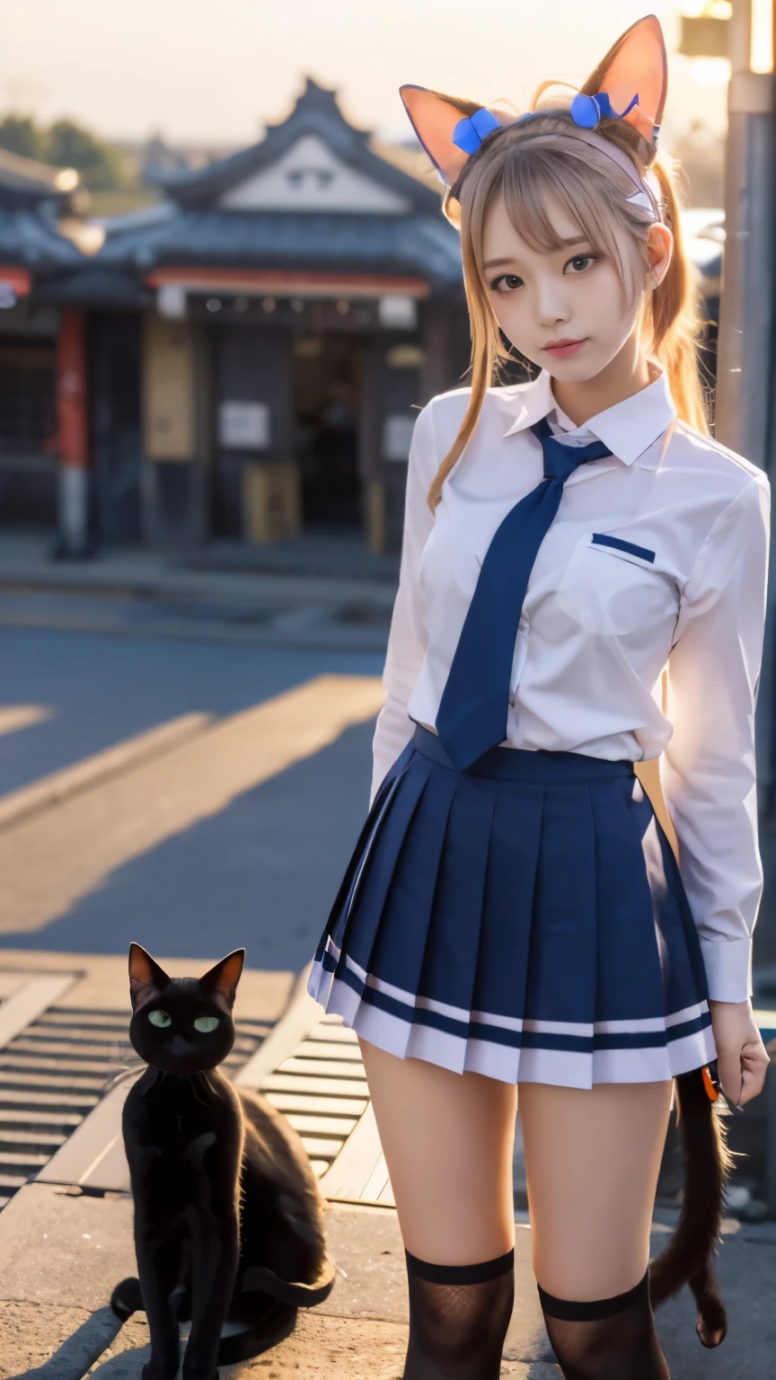 masterpiece, 4k, (multiple girls, harem, group picture:1.4), Beautiful high school girl, (Japanese idle:1.6), harem, (cat ears:1.4), school uniform, sundown, train station, close up,