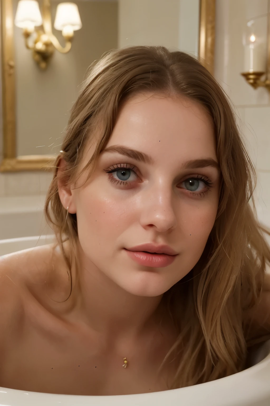 close-up of a beautiful Russian girl's face in a luxurious bathroom --automatically generated-- s2-imagine-- DLR camera:
A beautiful Russian girl looks in the mirror with an introspective expression, seu rosto emoldurado pelas bordas douradas ornamentadas de uma penteadeira de banheiro antiga. Os olhos dela, escuro e profundo, reflita o brilho suave do lustre da sala. Ela completa, full lips are a rosy pink, e o nariz dela, reto e definido, is the perfect counterpoint to your delicate facial features. O vapor do banho a envolve, leaving it damp, glowing skin looks even more exotic and inviting. Seu longo, fluindo, castanha-