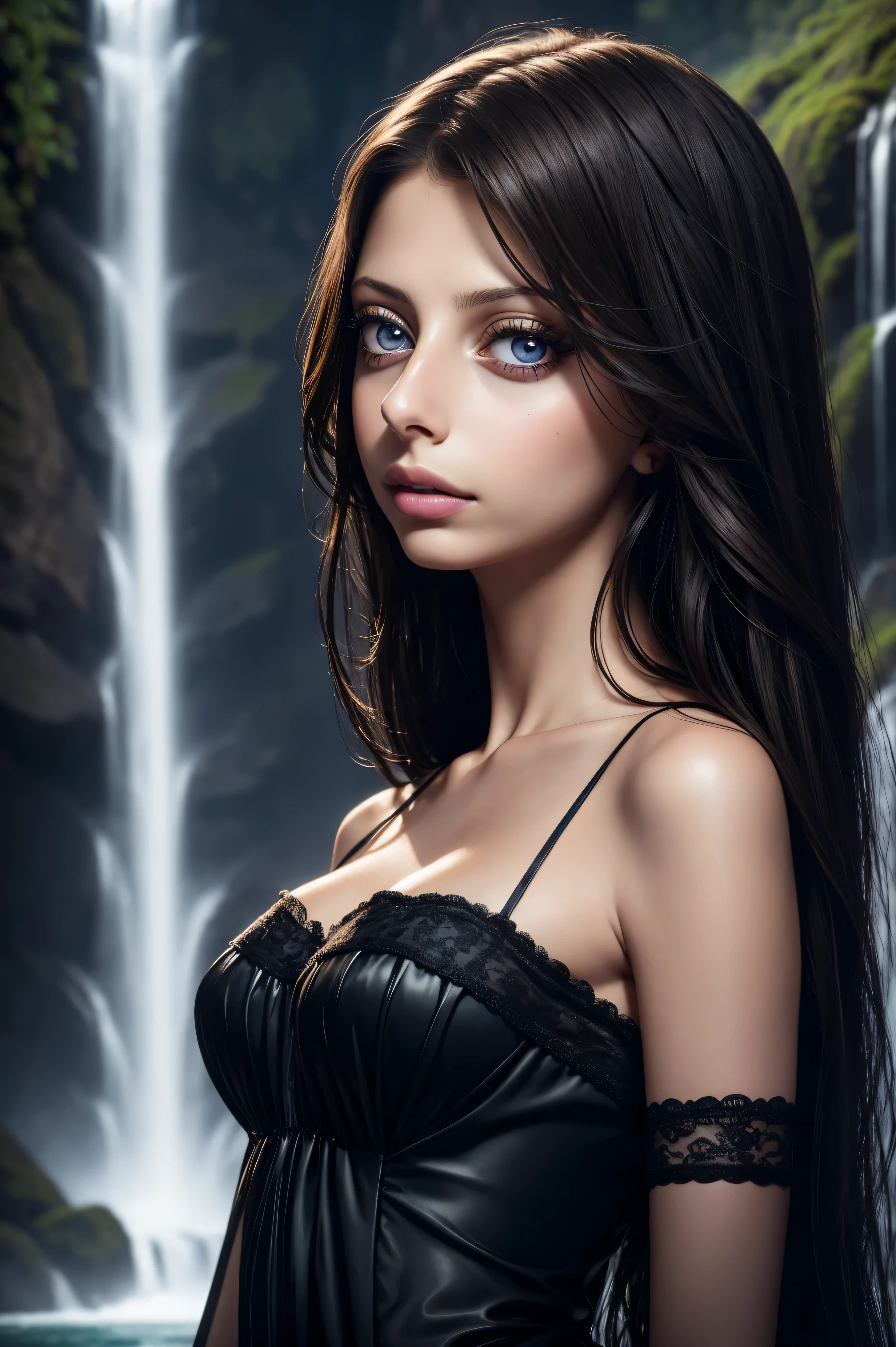 Angela Sarafyan, wearing french maid costume. professionally retouched, soft lighting, realistic, smooth face, perfect eyes, sharp focus on eyes, 8 k, high definition, insanely detailed, intricate, elegant. against the background of a waterfall.