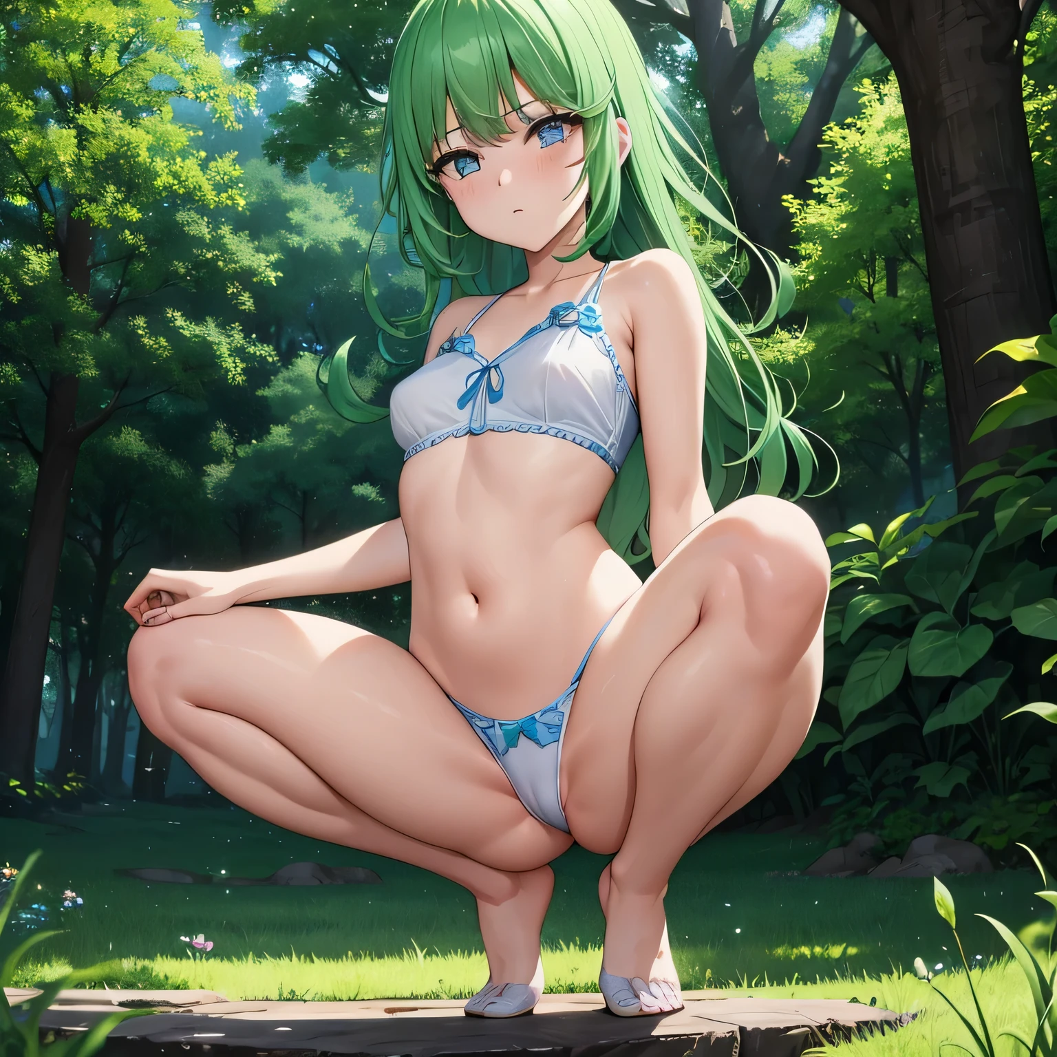 Clear brook,Surrounded by lush gardens。in the center of the garden,Elementary school girl wearing cool summer clothes standing near the flower bed。she has long green hair and emerald green eyes,like々Create a fun atmosphere。The sun shines through the gaps in the leaves, cast colorful spots,shine in her eyes,Reflecting the crystal tears falling on my cheeks。she is crying quietly,
her clothes are neat and fresh,flaunt a flat chest,Pointed nipples stick out a little。彼女は透明なwhite pantiesーを履いています,Gently adjusts the body line。when she cries,she hid her breasts with her hands,full of embarrassment and embarrassment。under the sun,her body seems to be floating in the air,Exudes a mysterious and charming charm。
This image is displayed in the highest possible quality,In 4K、8K delicacies,extreme details。The light effect is natural and realistic,people々々々々~~~give an immersive feel to。The whole painting has a sculptural effect....,Demonstrate professional artistic skills。the colors are bright and vivid,Set contrast and saturation boldly,Make the whole picture more vivid and interesting。The background lighting is elegant and soft,Create a warm and calm atmosphere。
blue sky、
sleep with legs apart、white panties、blush、the man'her head is sandwiched between her open thighs、emphasize the muscles of the pussy、10 years old、's