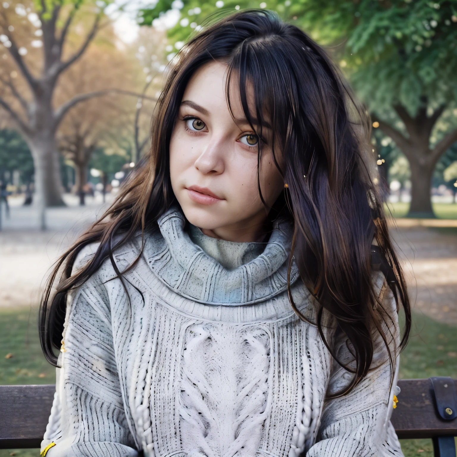best quality, photorealistic, 8k, high res, full color, 1girl, woman, 20 years old woman, (skindentation), (portrait:0.6), trees, park bench, daylight, ((park background:1.52)), full color, ((necksweater:1.68)), straight-looking at viewer:1.8, (1girl eyes looking at viewer:1.55), (medium-length hair, blackhair, partedhair:1.45), (bokeh),