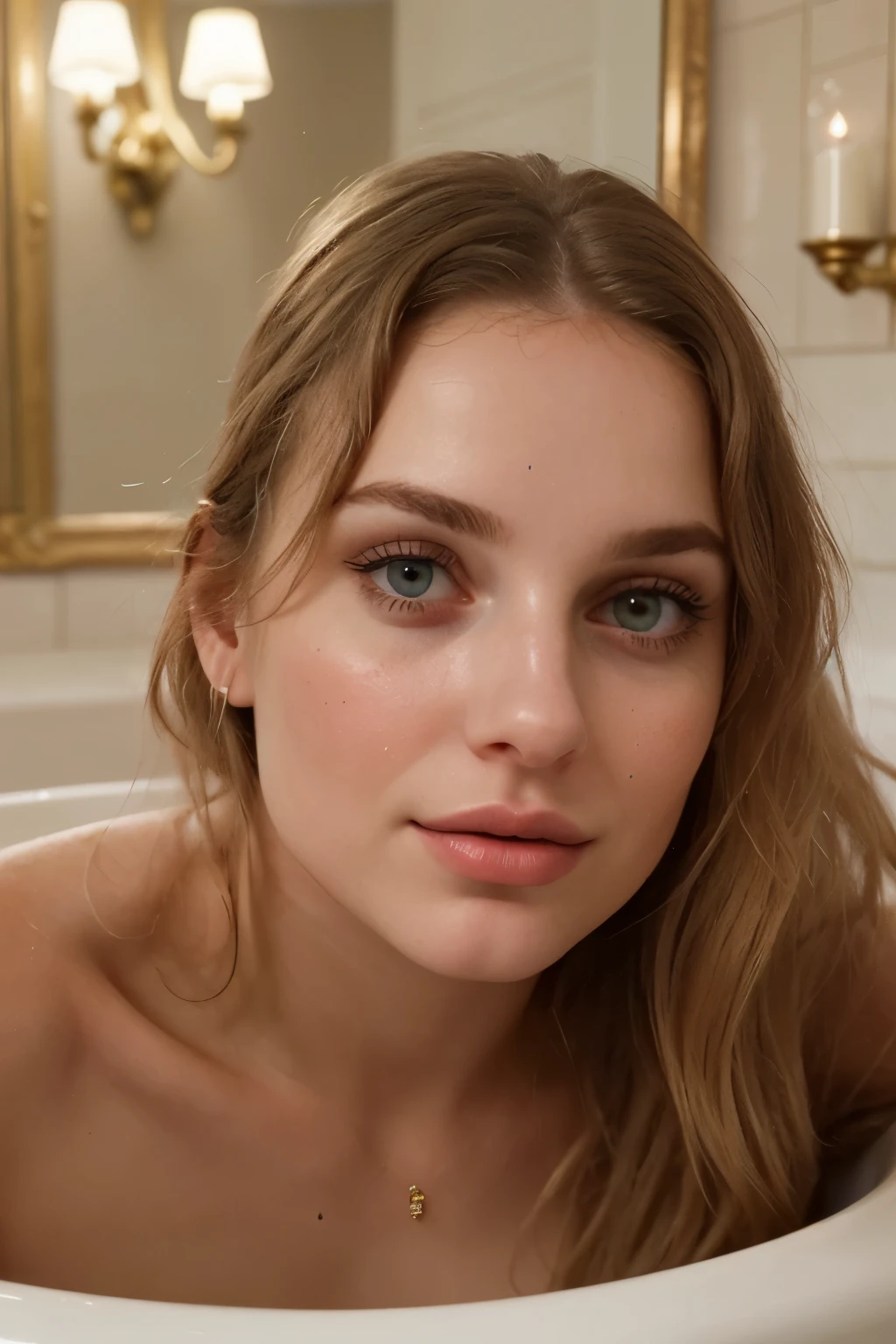 close-up of a beautiful Russian girl's face in a luxurious bathroom --automatically generated-- s2-imagine-- DLR camera:
A beautiful Russian girl looks in the mirror with an introspective expression, seu rosto emoldurado pelas bordas douradas ornamentadas de uma penteadeira de banheiro antiga. Os olhos dela, escuro e profundo, reflita o brilho suave do lustre da sala. Ela completa, full lips are a rosy pink, e o nariz dela, reto e definido, is the perfect counterpoint to your delicate facial features. O vapor do banho a envolve, leaving it damp, glowing skin looks even more exotic and inviting. Seu longo, fluindo, castanha-