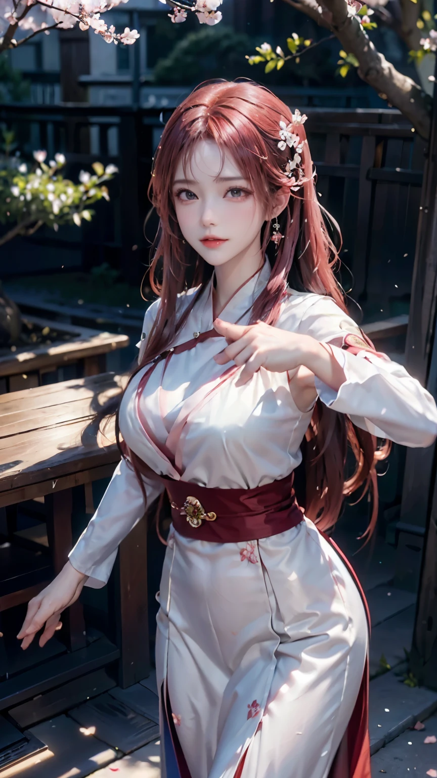 ((logo, masterpiece, 8k, table top, RAW photo, wonderful, 最high quality, Photorealistic and hvery detailed CG integrated 8k wallpaper, high quality, very detailed, Narrative poem, particle effects, dynamic effects, Depth of written boundary, cinematic light, Lens flare, ray tracing, anatomically accurate)), fantasy, 1 beautiful woman, ((bright red hair)), clear eyes, long hair, beautiful face, real face, 緻密でbeautiful eyes, beautiful skin, ((dancing woman, 優雅にdancing woman, 雪景色の中でdancing woman, 激しくdancing woman)), ((long hairがWindでなびく, long hairが跳ねる, long hairがWindで踊る)), hair jump, jewelry, beautiful eyes, white kimono, white obi, 白いcherry blossomsの刺繍模様, silver earrings, Light is shining, ((cherry blossoms, cherry blossomsの木, cherry blossomsの花びらが舞う, cherry blossoms吹雪, falling petals)), blue sky and white clouds background, 広大なWind景, Wind, grassland, Vast land in mythology, Spectacular view, 美しい自然のWindのWind景, hair color is red, cherry blossomsの花びらが舞う, cherry blossomsの木