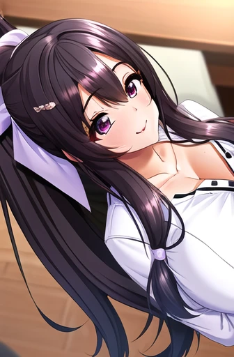 long_hair, purple_Eye, hair_bow, ponytail,
best quality, (8k), (4k),(masterpiece), (best quality), Very detailed, complex, Super detailed, (perfect face), illustration, perfect_Eye,
(1 girl), beautiful girl, (portrait), indoors, (leave:1.2), student, classroom, from below, 
long sleeves, (Uniforms), black pantyhose, (pleated_skirt),
(Permanently installed),  Smile, Keep your mouth shut, looking at the audience, very long hair, (big breasts),