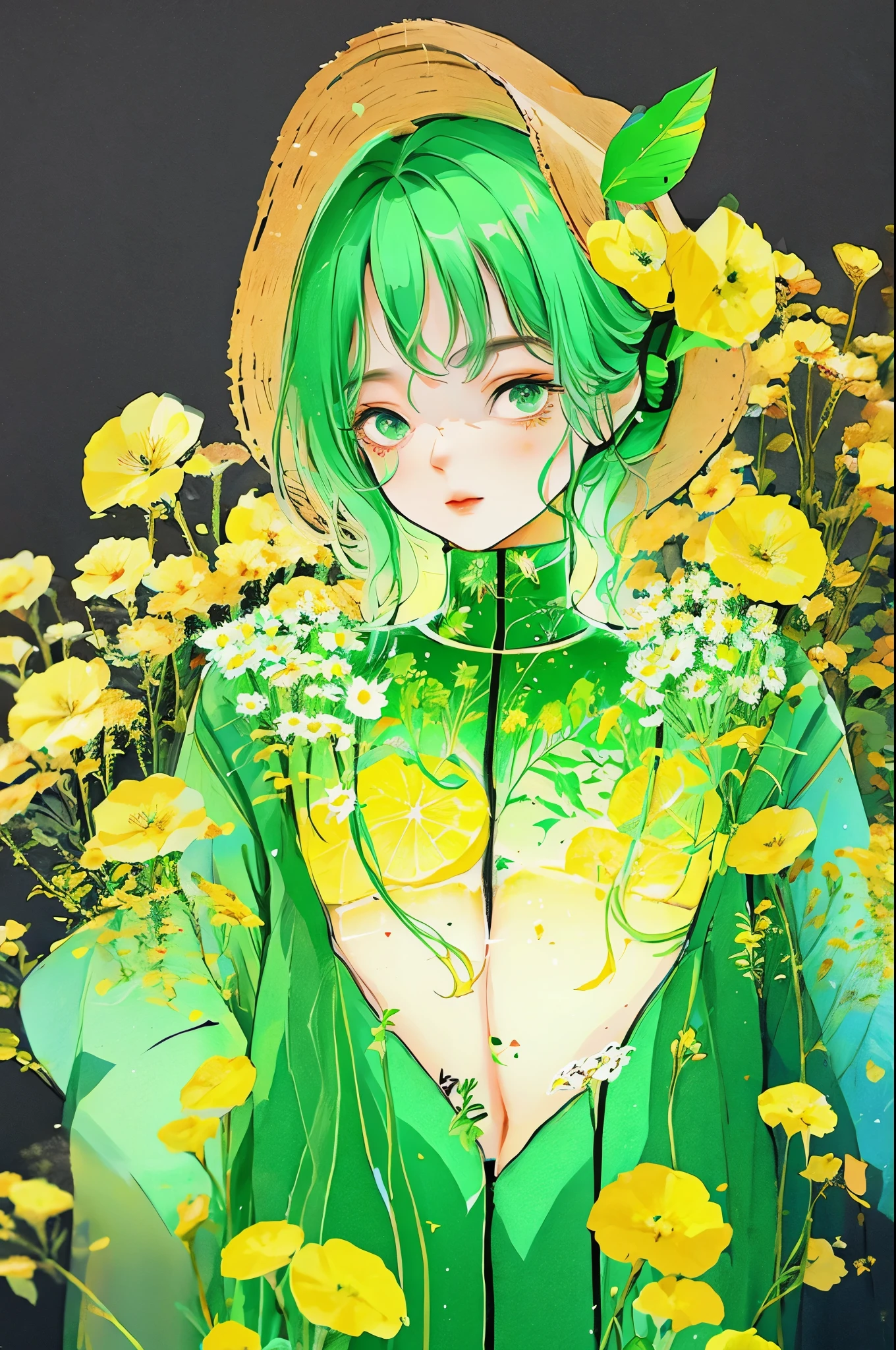 yxycolor,1 girl, ,Simple drawing、green,meditation diagram。