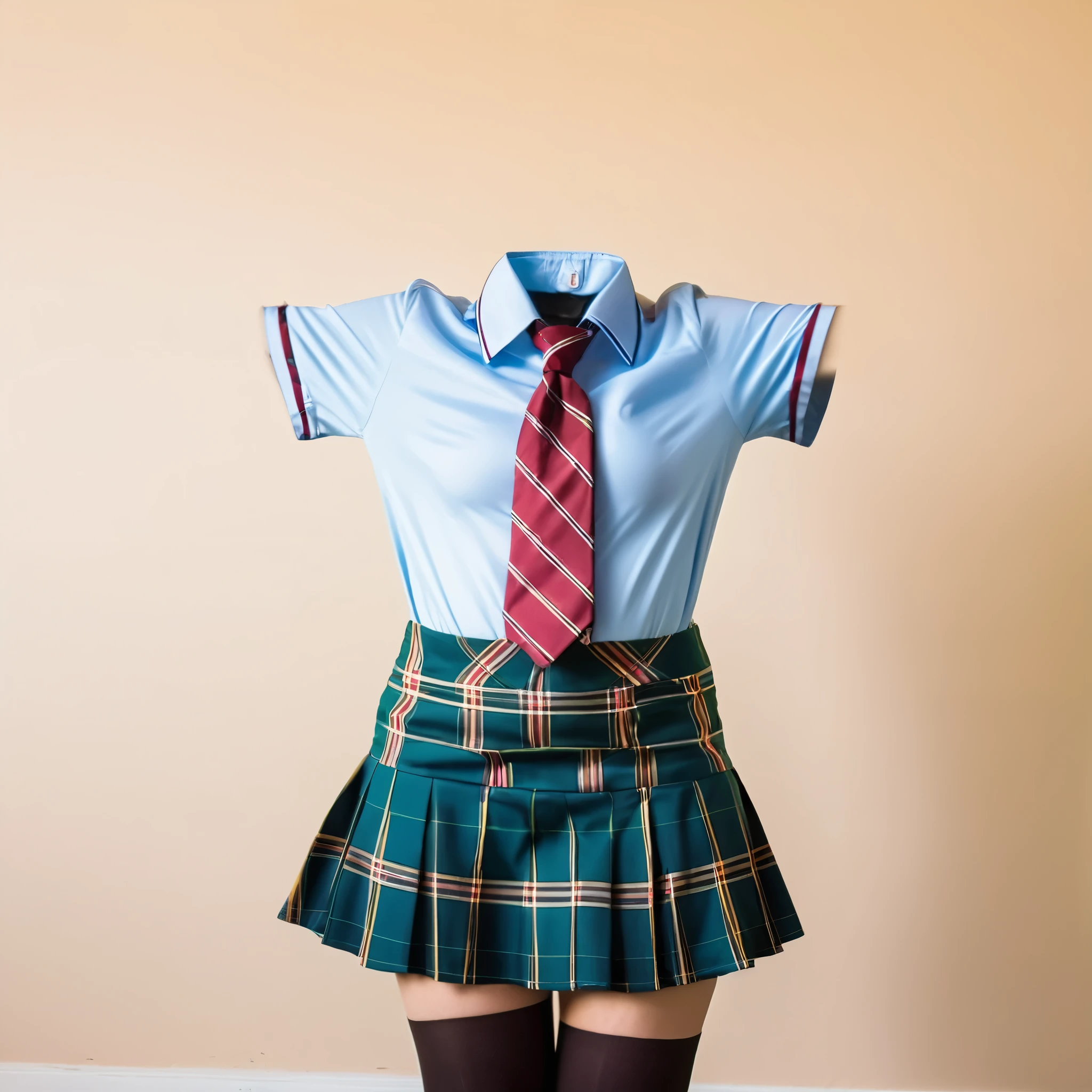 shapely, school uniform, stripe tie, fat, plaid skirt, raise hands, (invisible, no humans, headless, faceless:1.5), cute big breasts