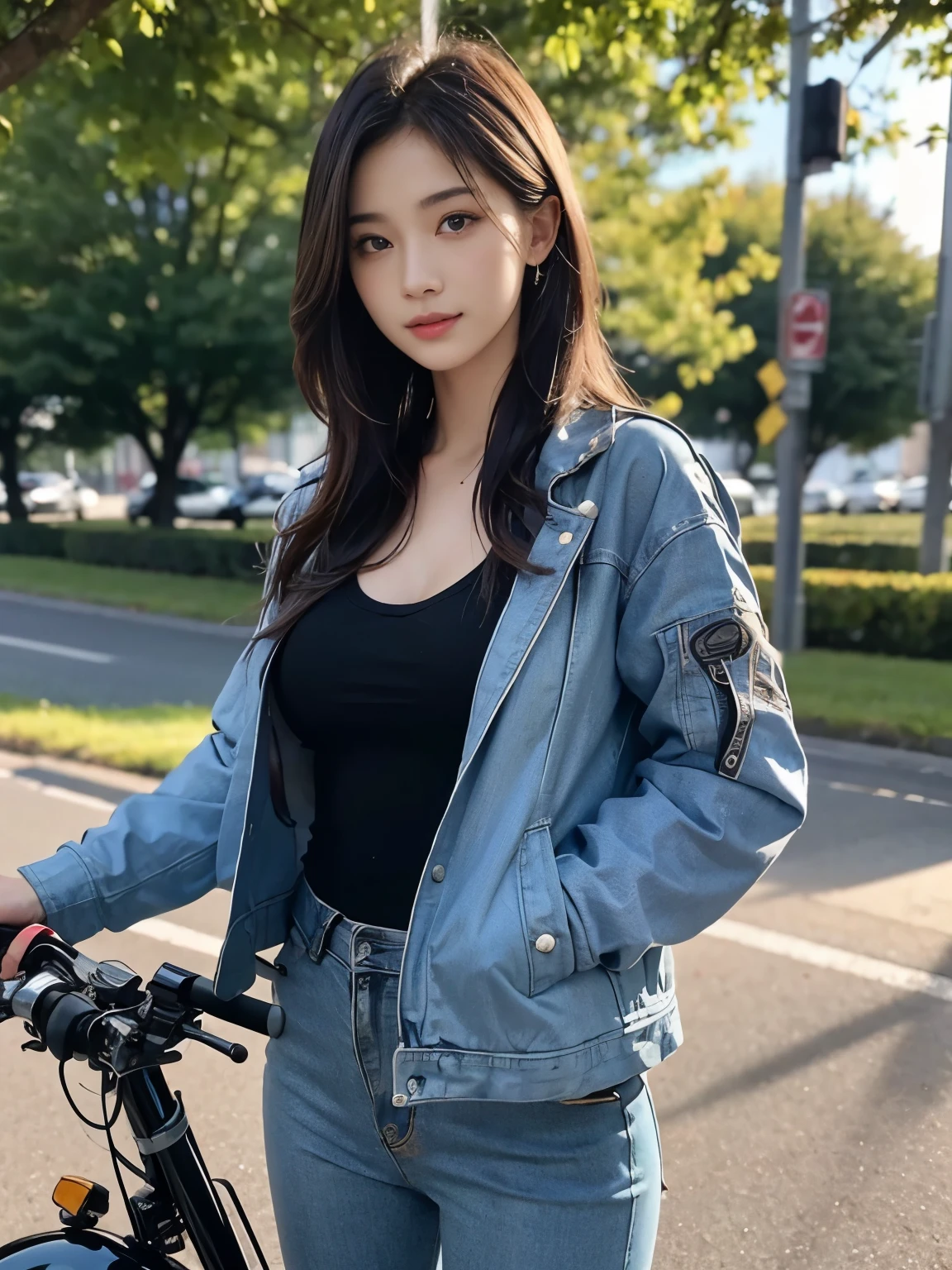 (realistic:1.5), 8k, Super delicate beauty, 1 girl, intricate body details, (short: 1.3), (highest quality: 1.0), (Super high sharpness: 1.0),(Beautiful and delicate depiction of eyes),((((ride a motorcycle)))),unreal engine:1.4, photorealistic:1.4, skin texture:1.4, masterpiece:1.8,highest quality、smile、long limbs、((blue jacket and long pants))