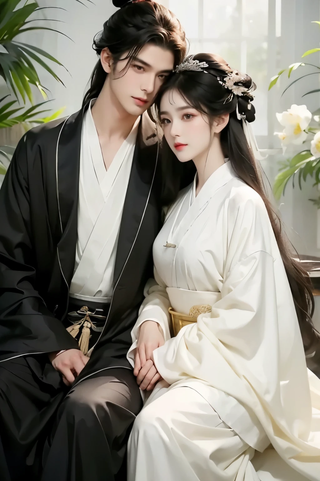 A handsome guy and a beautiful girl are leaning against each other，quiet and peaceful，faint smile，Chinese style clothing and accessories，black hair，perfect face