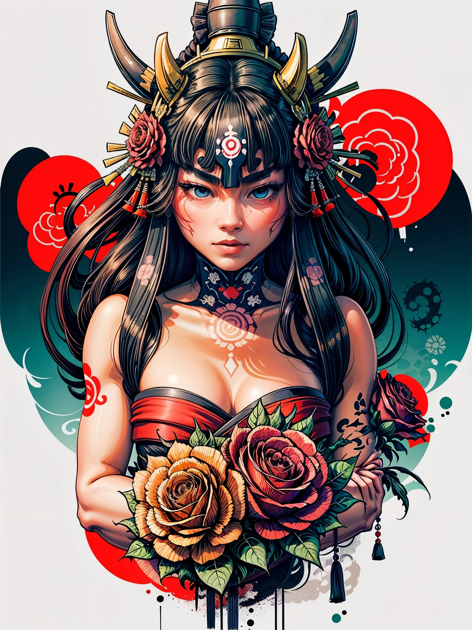 a japanese girl wearing rose flowers style 0mib, whole body illustration, illustrator, masterpiece, high quality, 8k, high resolution, high detail, beast samurai, Geisha