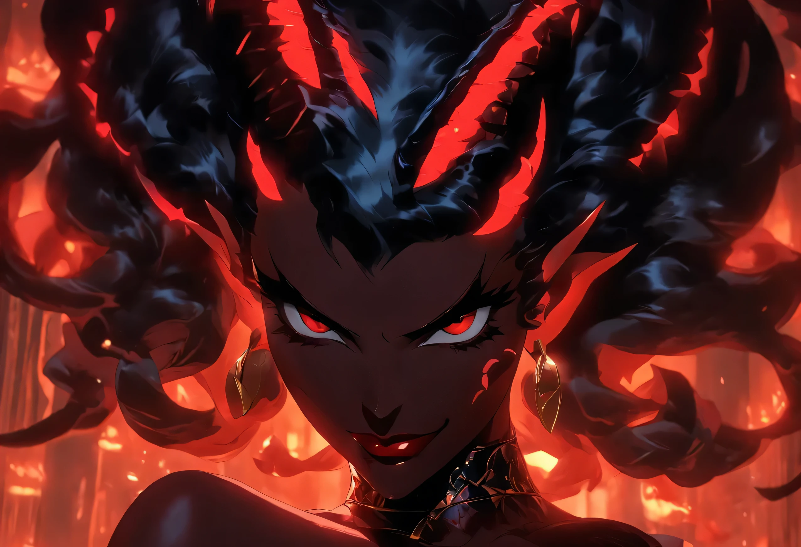 (best quality,4k,8k,highres,masterpiece:1.2),ultra-detailed,(realistic,photorealistic,photo-realistic:1.37),hot thicc succubus mama with long black hair, intense black lips, wearing a revealing black leather outfit adorned with BDSM elements. Her attire consists of a seductive bustier, accentuating her voluptuous figure. Her skin is a captivating shade of fiery red, exuding a demonic allure. Elegantly sprouting from her back are a pair of majestic demon wings, exquisitely detailed with intricate patterns. Atop her head, she possesses mesmerizing tiefling horns, exemplifying her otherworldly presence. The artwork should capture her enticing aura, showcasing her confidence and power. The light in the scene should emphasize the seductive curves of her body, casting dramatic shadows and highlights. The color palette should evoke a sense of darkness and desire, with rich contrasting tones of black, red, and deep maroons.