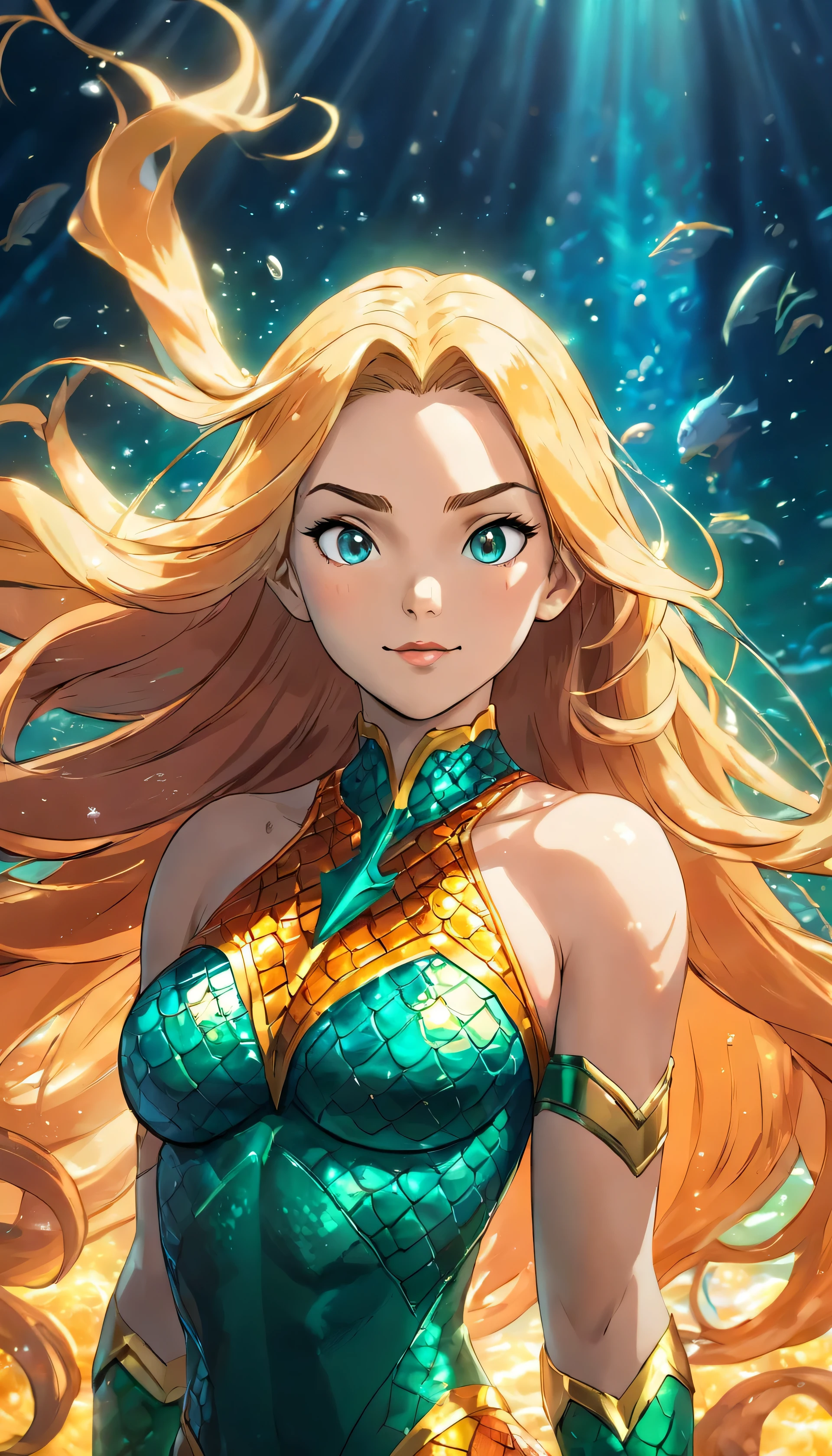 Movie scene, close-up shot of Woman dressed as Aquaman from DC, distorted space, distorted undead in the background, lens flares, light shafts, intricate details, highly detailed, volumetric lighting, 4k rendering, stock photo, hyper-realistic, realistic textures, dramatic lighting, Unreal Engine