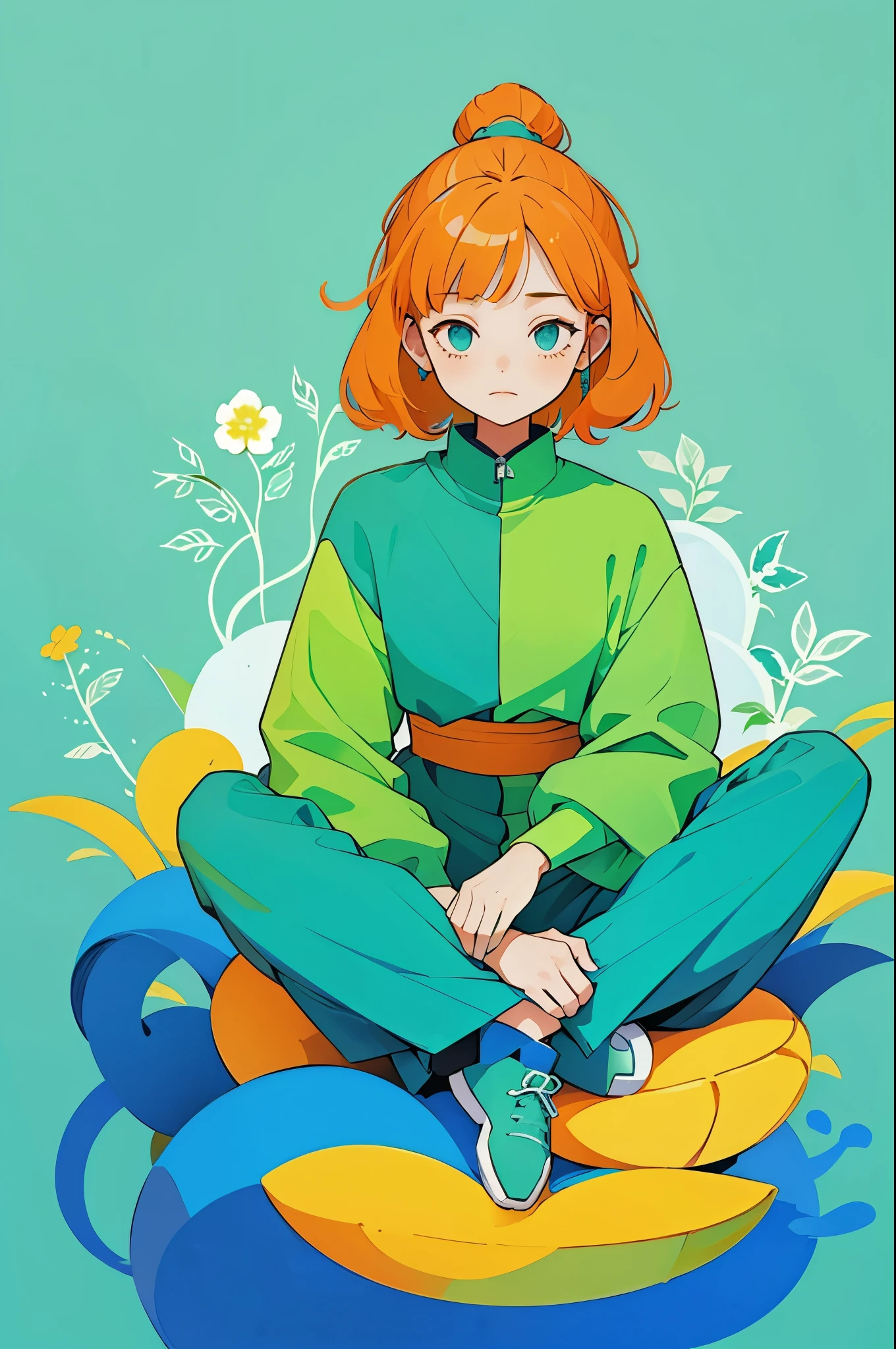 yxycolor,1 girl, ,Simple drawing、green,blue,orange color,meditation diagram