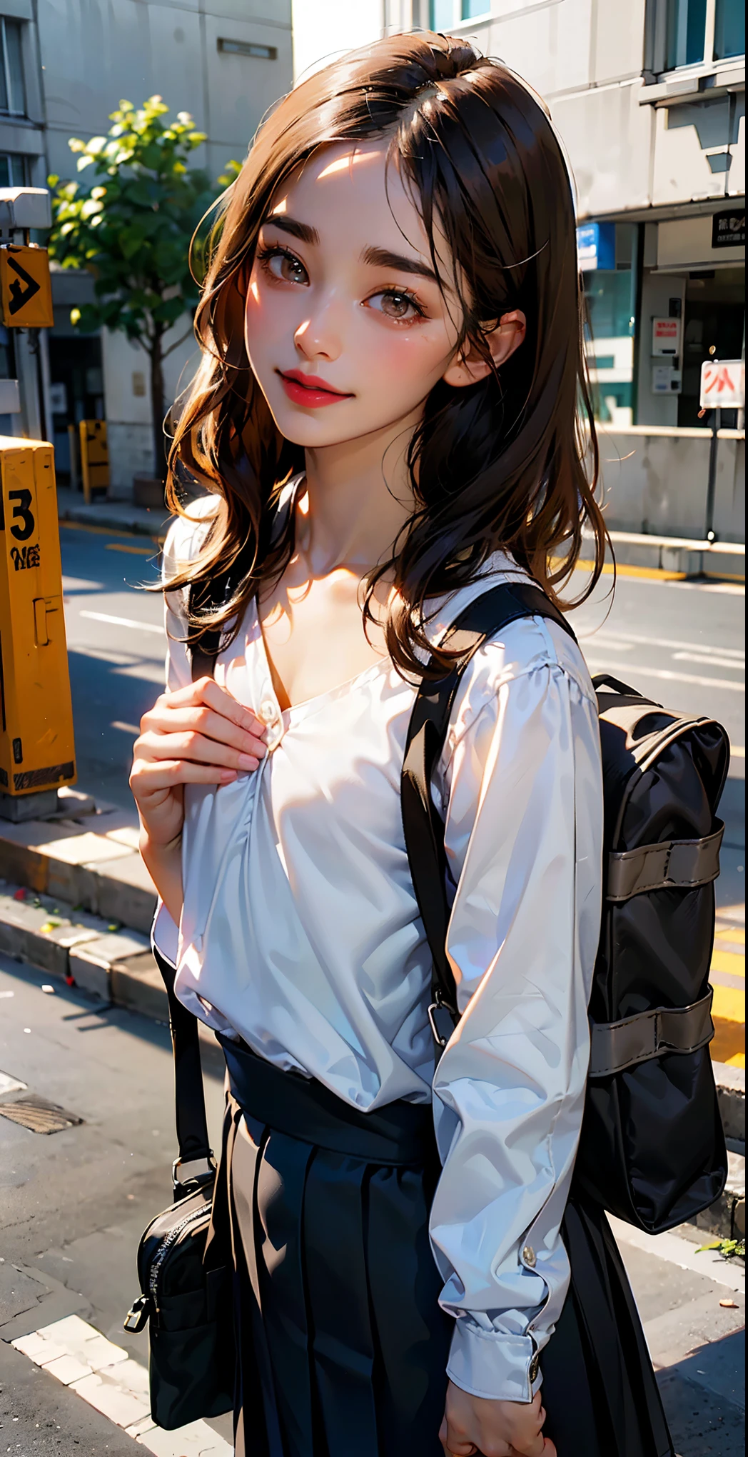 (Excellent photo of a beautiful Japanese Lady),
((highly detailed, best quality)),(photorealistic:1.2),8k,((absurd resolution)),perfect anatomy,(low
(1girl),(17yo),BREAK,
(full body),looking at viewer,
((beautiful detailed eyes)),(thick eyebrows),low eyebrows,straight eyebrows,(brown eyes),
(cry:0.9),(smile),((blush)),(super detailed skin),
(parted lips:1.1),(thick lips:1.3),(glossy lips),(lipstick:1.2),(black medium hair),(wide forehead),braid
BREAK, (school uniform:1.4),(ribbons), (school bag),
(flat chest:1.6), (medium body:1.3),(cute pose),
(street),(outside),(in front of school)