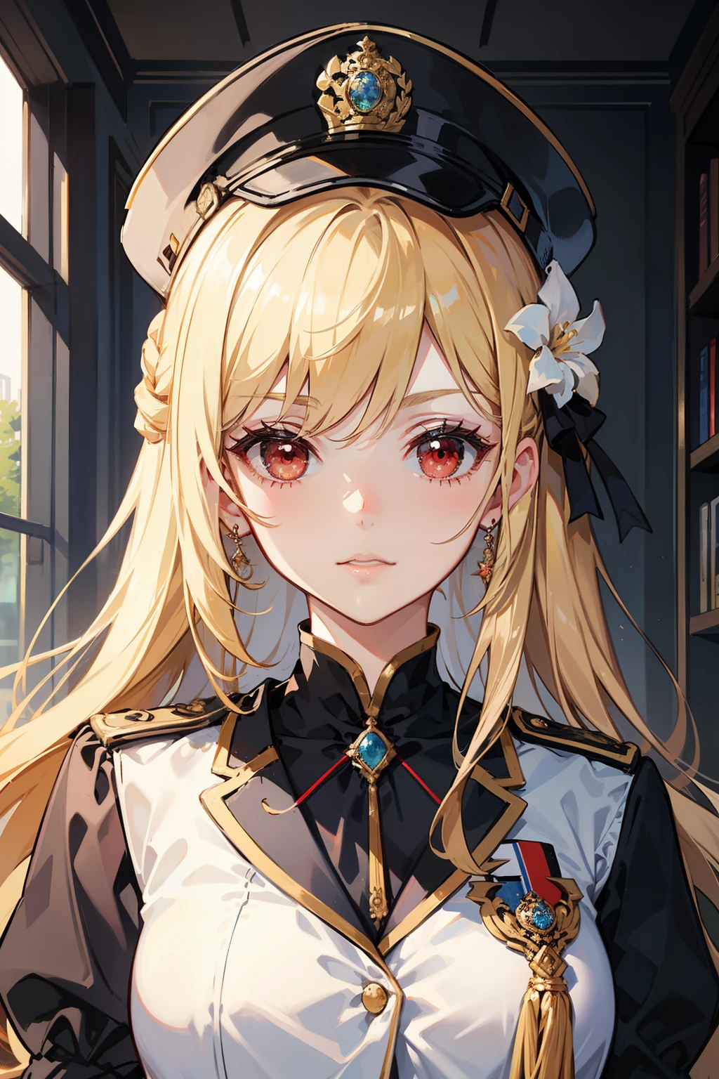 1 girl, Wearing the Queen's Uniform, blonde hairstyle split flower, Her hair is beautifully tied with cute clips, red eyes ((37-year-old face)) ((Multiple people not allowed))