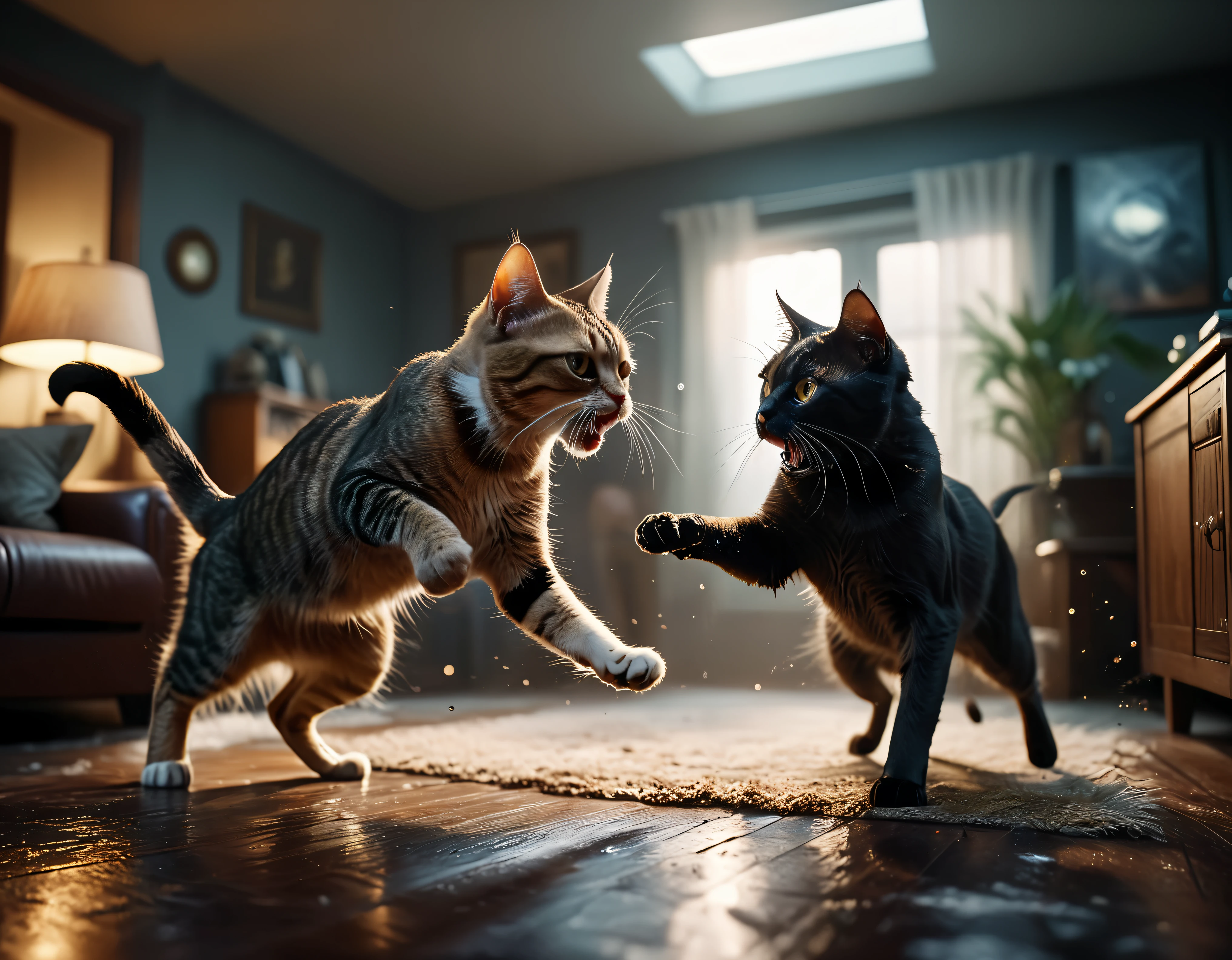 ((Masterpiece in maximum 16K resolution):1.6),((soft_color_photograpy:)1.5), ((Ultra-Detailed):1.4),((Movie-like still images and dynamic angles):1.3),((final showdown):1.1) | (cinematic photo of a Cat fight in a living room), (macro lens), (floating dusts), (angry cats), (tyndall effect), (shimmer), (visual experience) ,(Realism), (Realistic),award-winning graphics, dark shot, film grain, extremely detailed, Digital Art, rtx, Unreal Engine, scene concept anti glare effect, All captured with sharp focus.