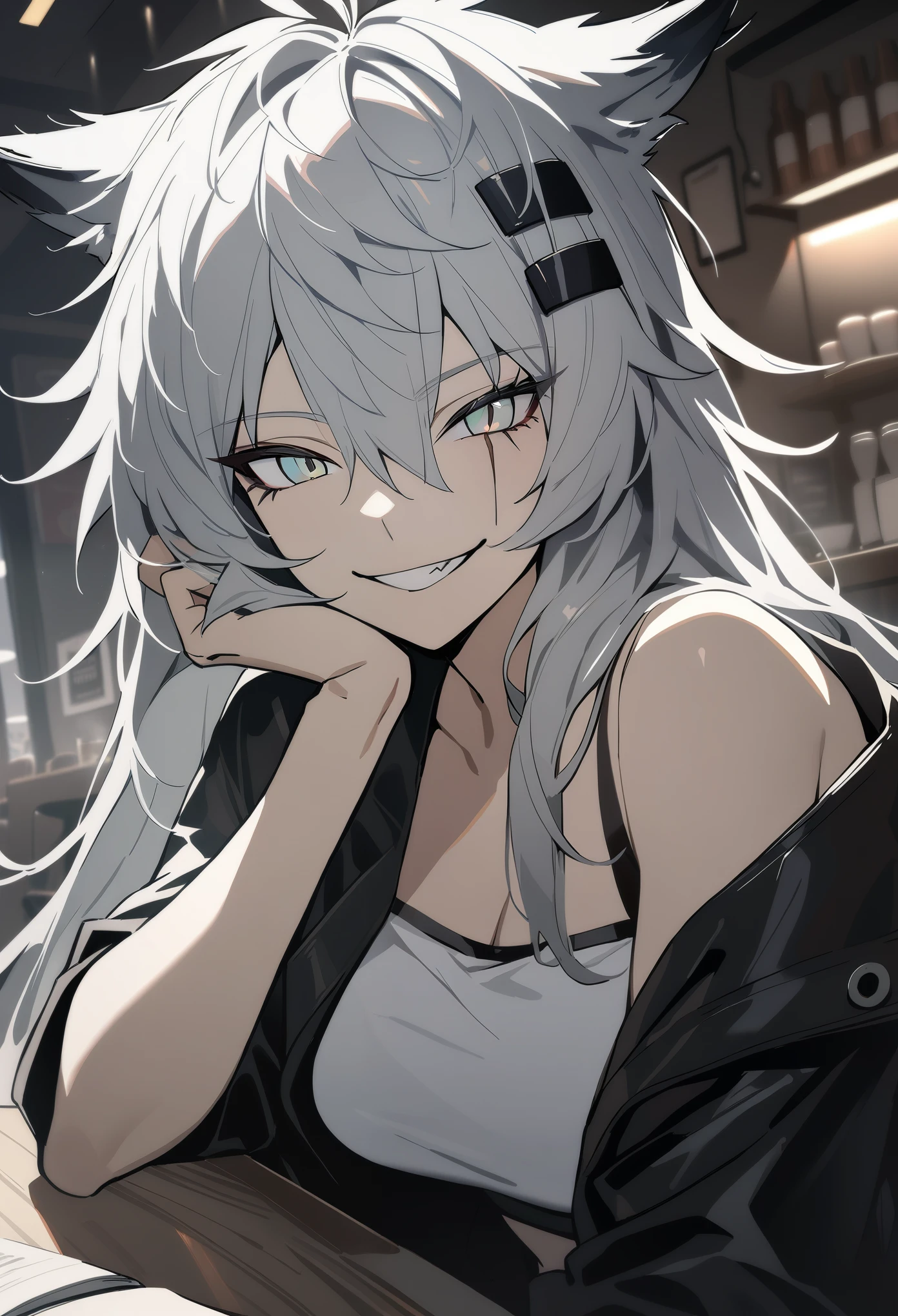 1girl, lappland\(arknights), arknights, upper body, sitting, grey hair, long hair, scar across eye, breasts, smirk, open coat, tube top, cinematic angle, in the cafe, masterpiece, best quality