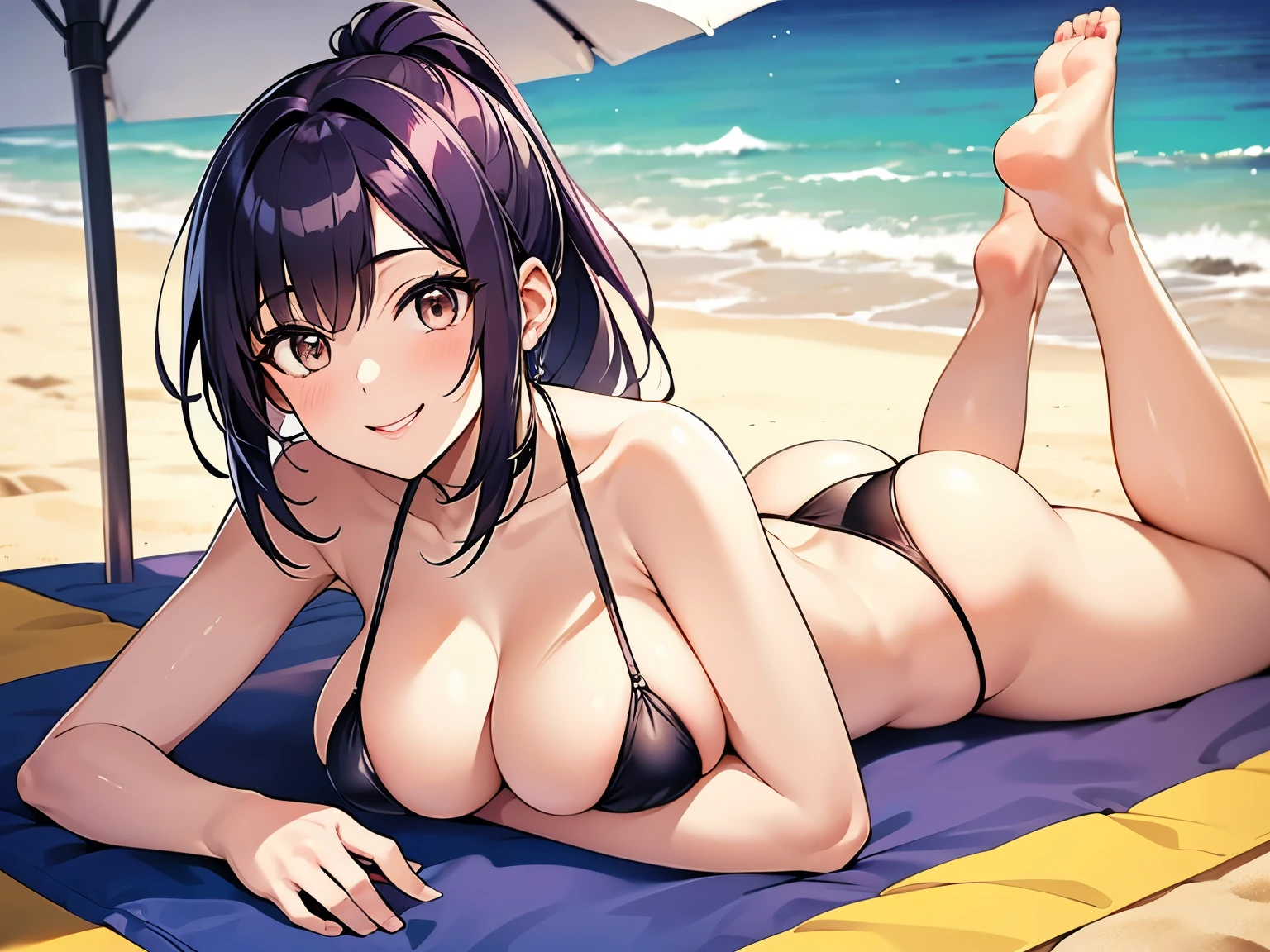 a young girl, dark purple hair, brown eyes, ponytail, large breasts, flashy micro bikini, sexy pose, smile, wide beach mat, beach, sunlight,