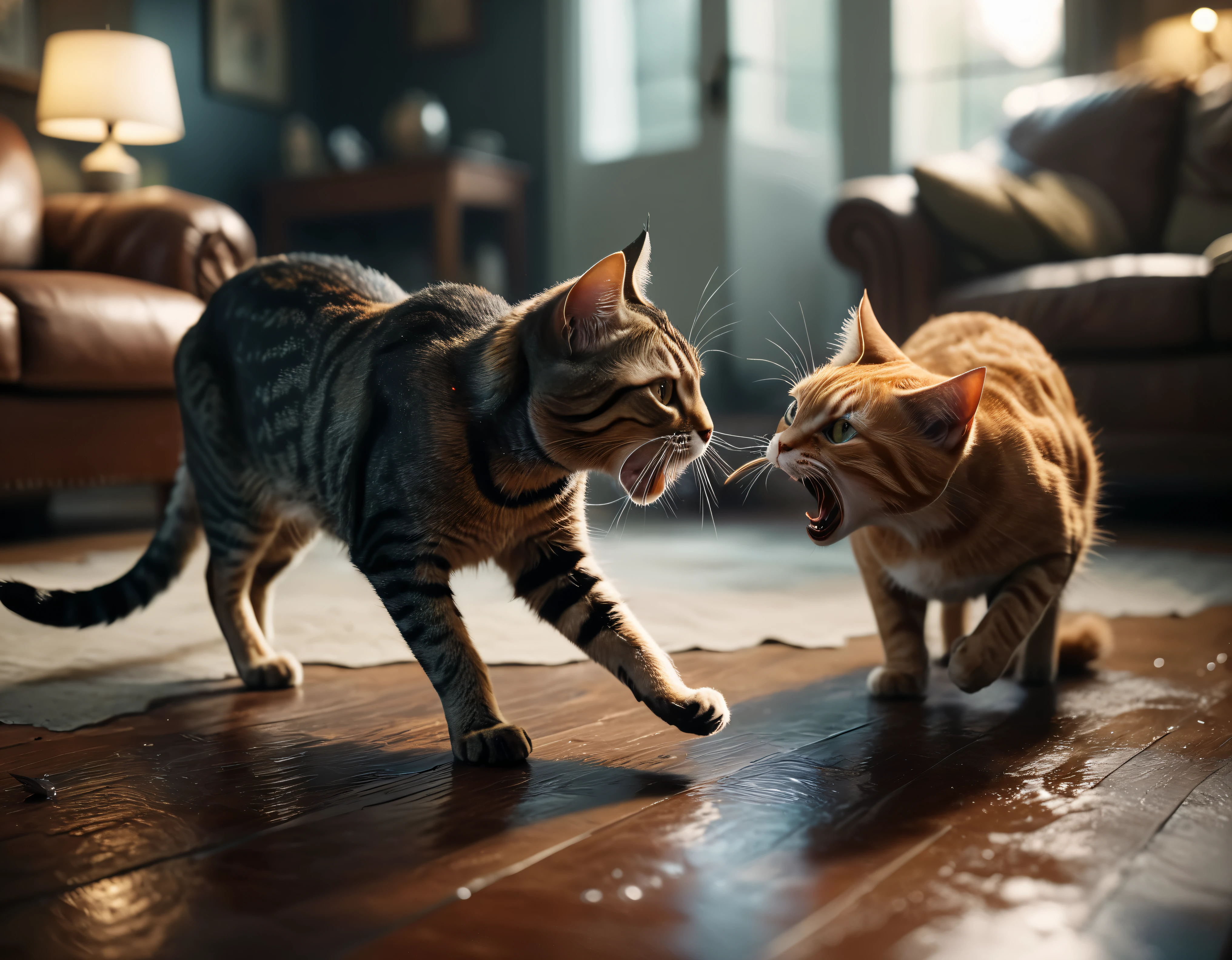 ((Masterpiece in maximum 16K resolution):1.6),((soft_color_photograpy:)1.5), ((Ultra-Detailed):1.4),((Movie-like still images and dynamic angles):1.3),((final showdown):1.1) | (cinematic photo of a Cat fight in a living room), (macro lens), (floating dusts), (angry cats), (tyndall effect), (shimmer), (visual experience) ,(Realism), (Realistic),award-winning graphics, dark shot, film grain, extremely detailed, Digital Art, rtx, Unreal Engine, scene concept anti glare effect, All captured with sharp focus.