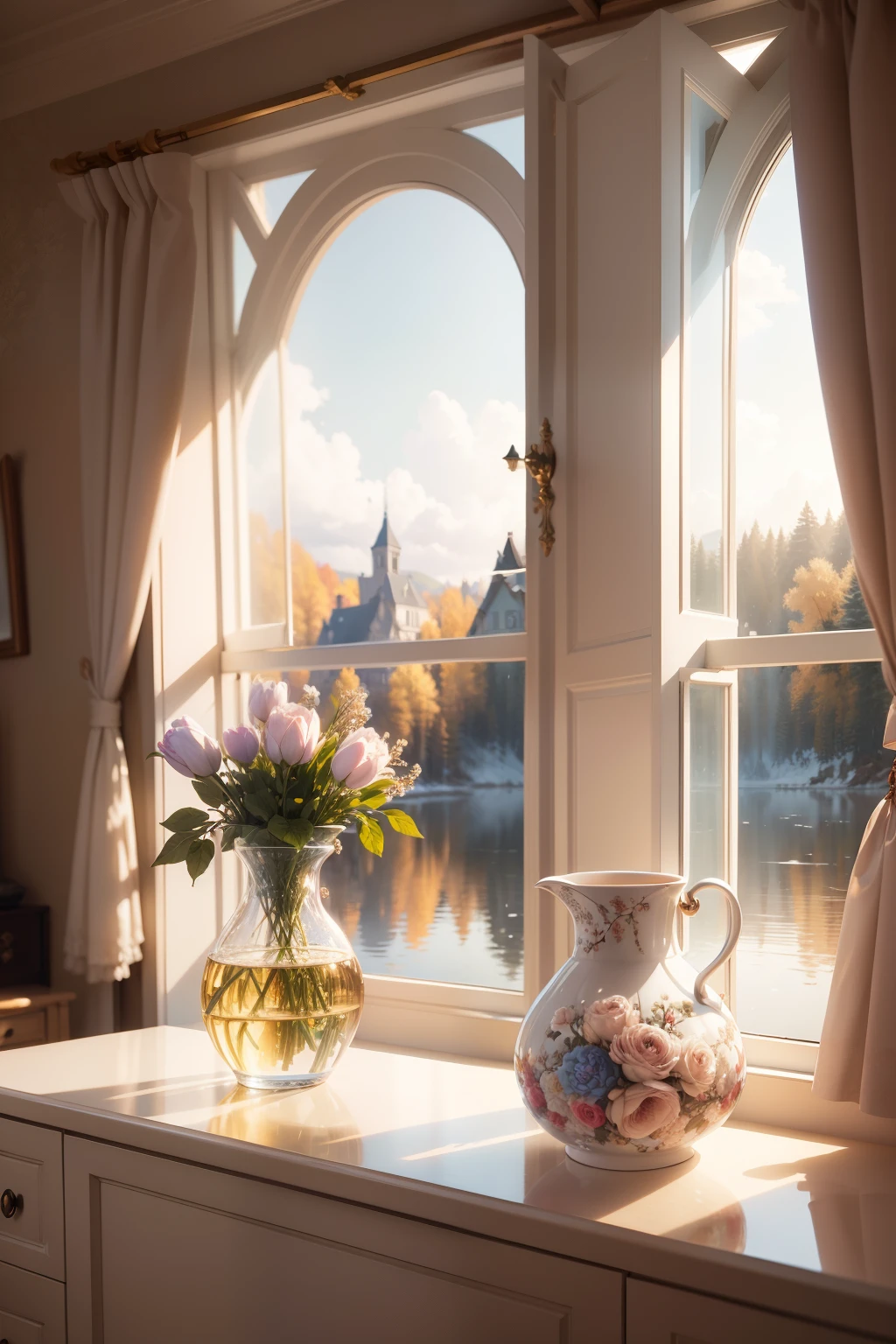 masterpiece, better quality, high quality, Highly detailed CG 8k unity wallpaper, view from the window, classic european landscape,lake, white birch, blue sky, End of autumn, flowers, cumulus,  HDR, flower, chromatic aberration, rendering, very detailed, Art Trends., GHS trends, difficult, high detail, dramatic, 
