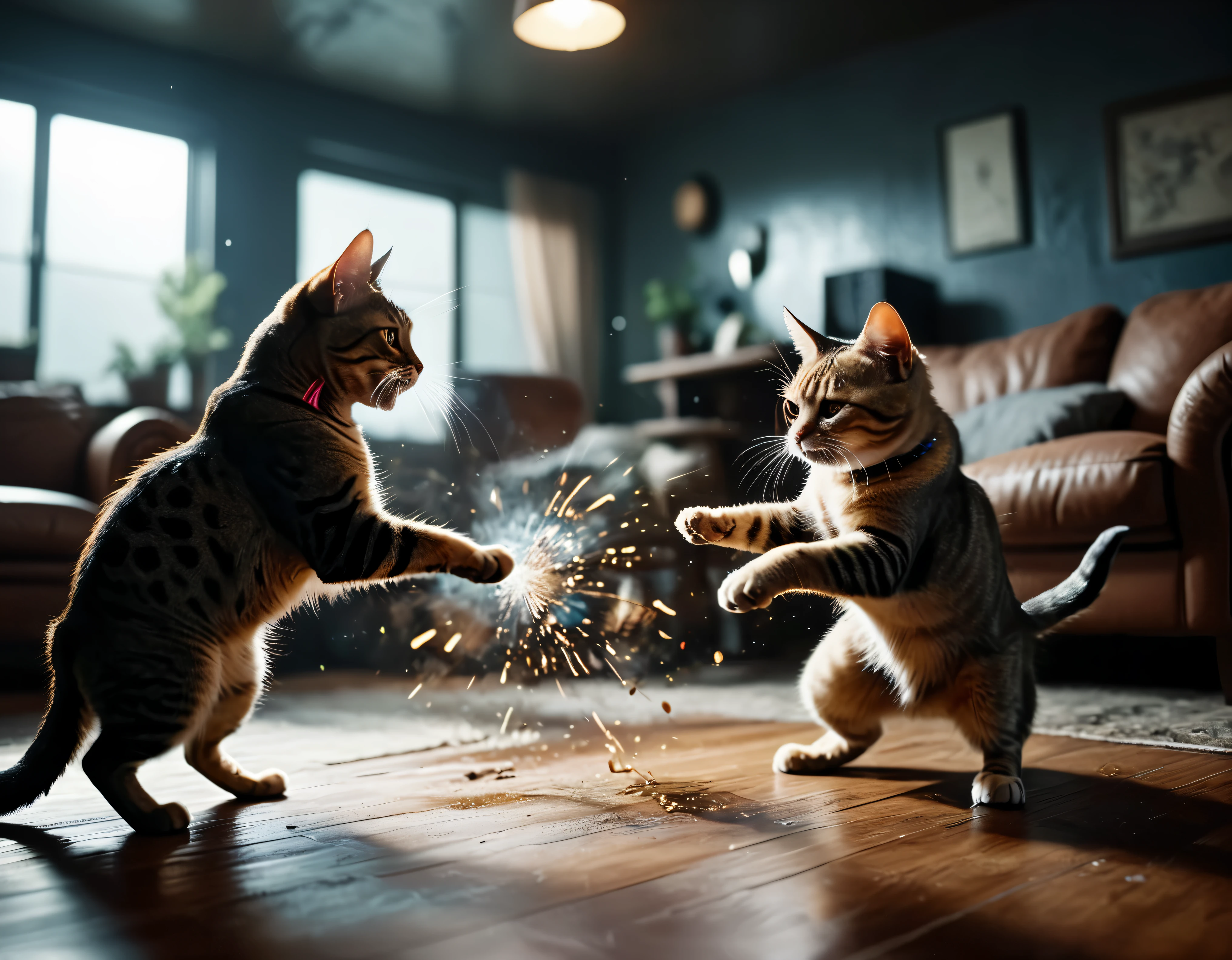 ((Masterpiece in maximum 16K resolution):1.6),((soft_color_photograpy:)1.5), ((Ultra-Detailed):1.4),((Movie-like still images and dynamic angles):1.3),((final showdown):1.1) | (cinematic photo of a Cat fight in a living room), (macro lens), (floating dusts), (angry cats), (tyndall effect), (shimmer), (visual experience) ,(Realism), (Realistic),award-winning graphics, dark shot, film grain, extremely detailed, Digital Art, rtx, Unreal Engine, scene concept anti glare effect, All captured with sharp focus.