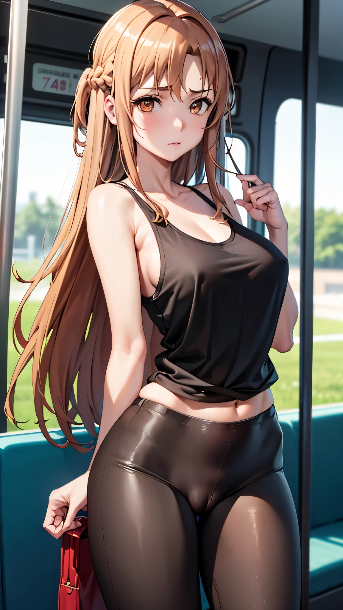 giving hand job done pants , on bus , closeup on cameltoe vag , peeing pee cum 1girl in, Yuuki Asuna, Brown hair, Brown eyes, medium breasts, Long hair, braid , black tank top , tight t shirt ,braid ,no gloss ,matt black pantscute cameltoe Ultra High Quality looking very shy , touching own squeezing peeing pee cameltoe big big blog in pants  , best_quality:1.0), ultra high res,4K,ultra-detailed, photography, 8K, HDR, highres, absurdres:1.2, Kodak portra 400, closeup on cameltoe